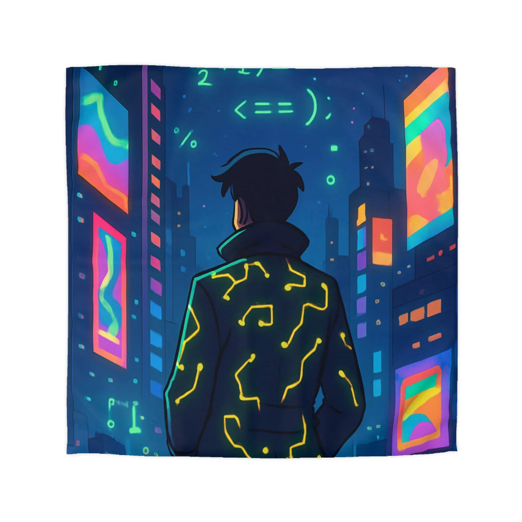 Housse de couette futuriste avec affichage numérique néon dans une ville cyberpunk