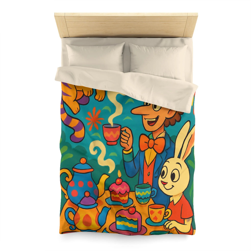 Housse de couette colorée avec scène de thé joyeuse inspirée d'un conte fantaisiste