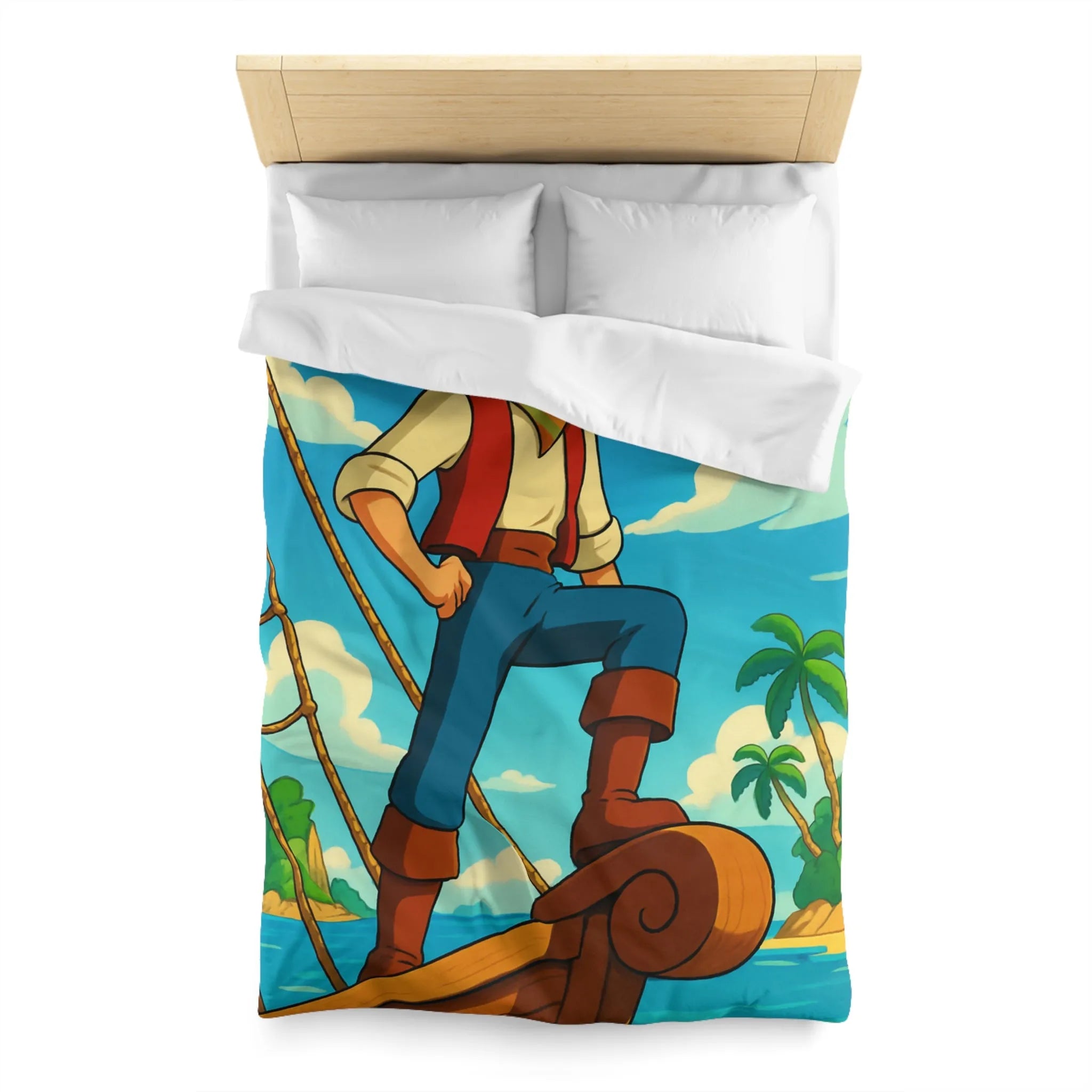 Housse de couette avec illustration de marin aventurier naviguant parmi palmiers et mer azur