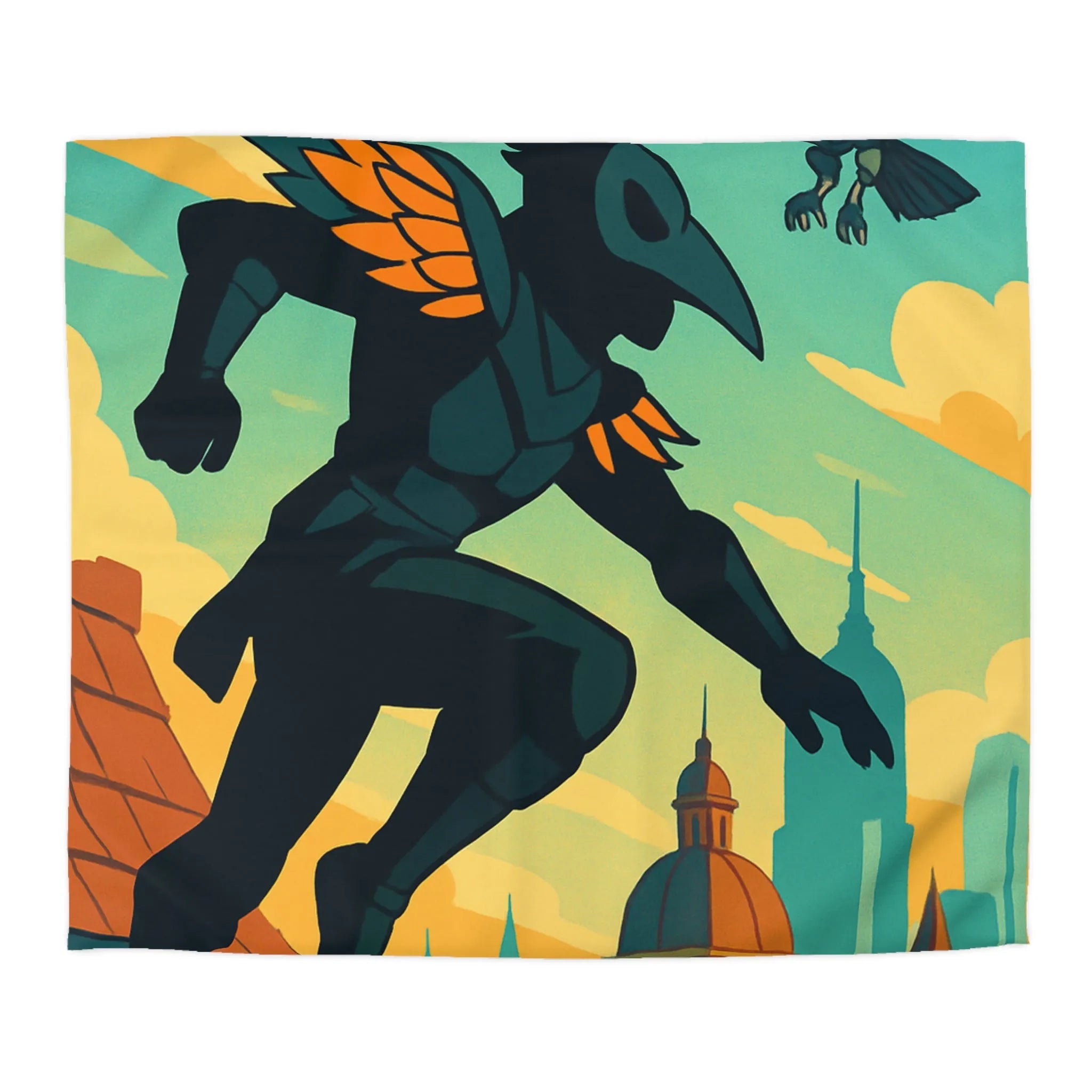 Housse de couette artistique avec silhouette et oiseau sur un toit urbain animé