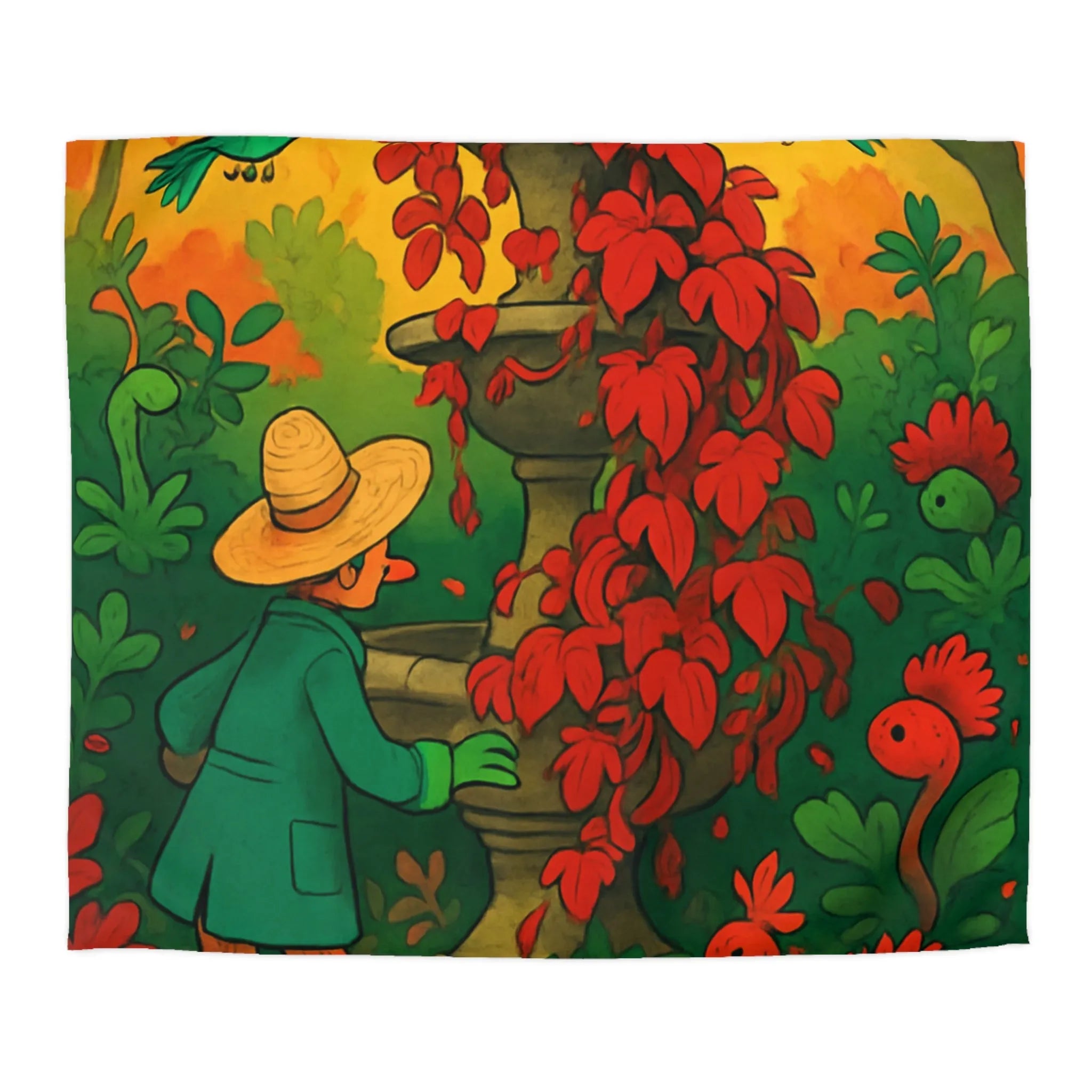 Housse de couette jardin enchanté avec fontaine et fleurs rouges pour chambre colorée