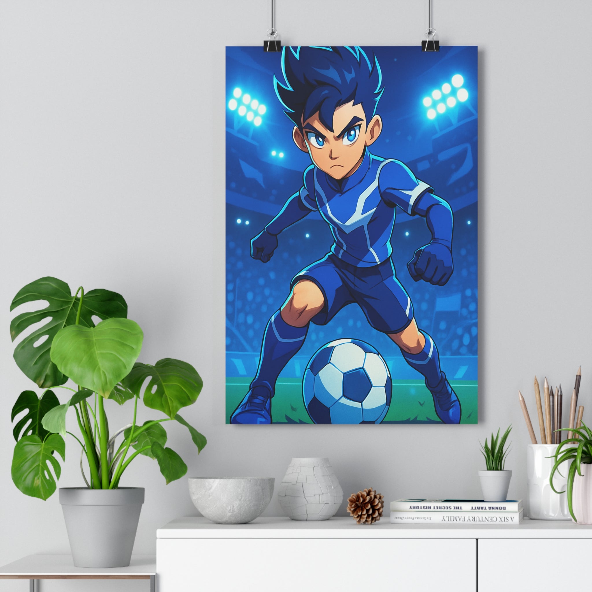Poster décoratif cartoon bleu énergique football chambre enfant dynamique action sportif ambiance inspirante 30x46