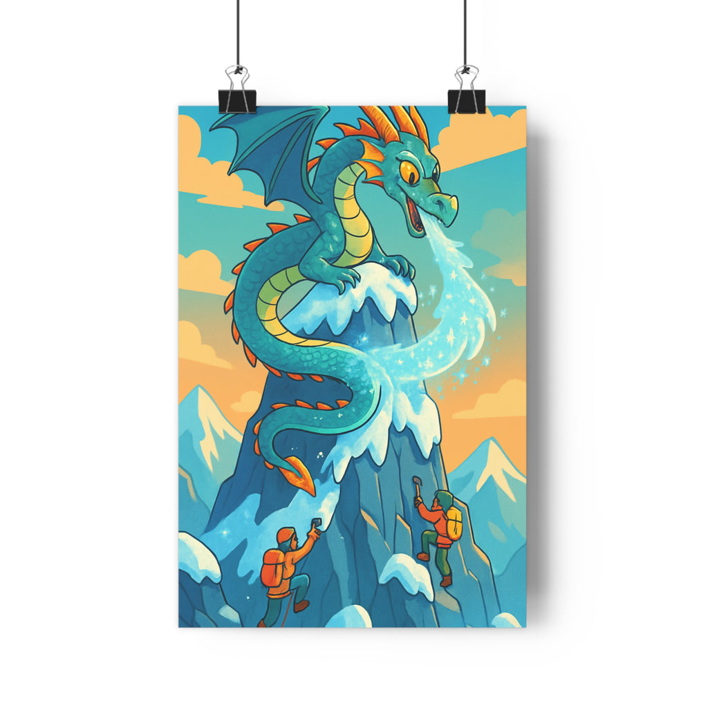 Poster décoratif fantastique dragon bleu vert montagne épique aventure chambre salon nature unique majestueux