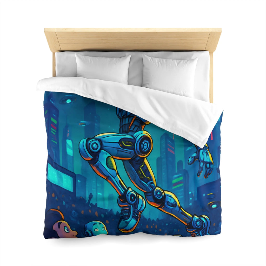 Housse de couette futuriste avec robot jouant au basket dans une ville lumineuse