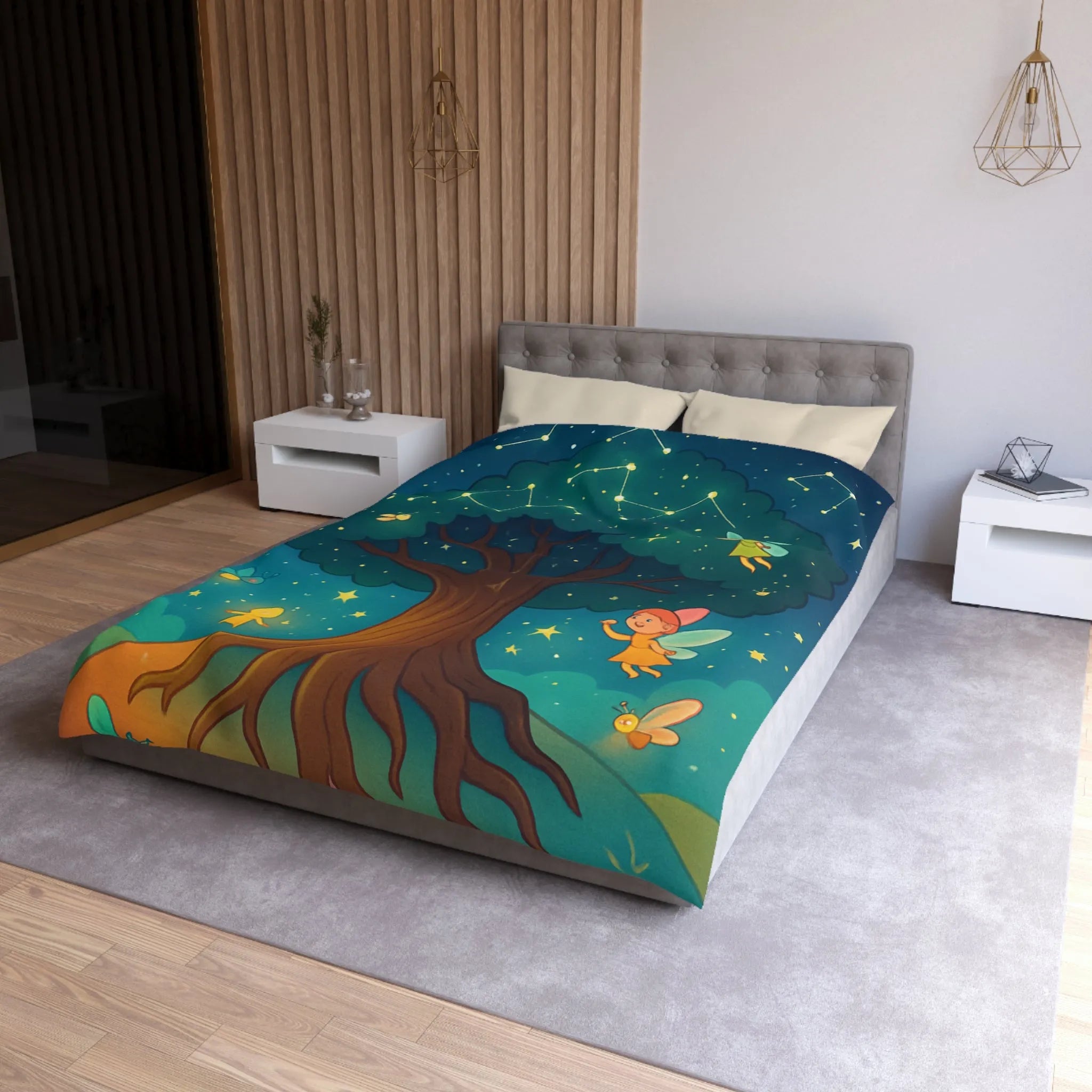 Housse de couette féérique avec arbre enchanté et fées sous les constellations étoilées