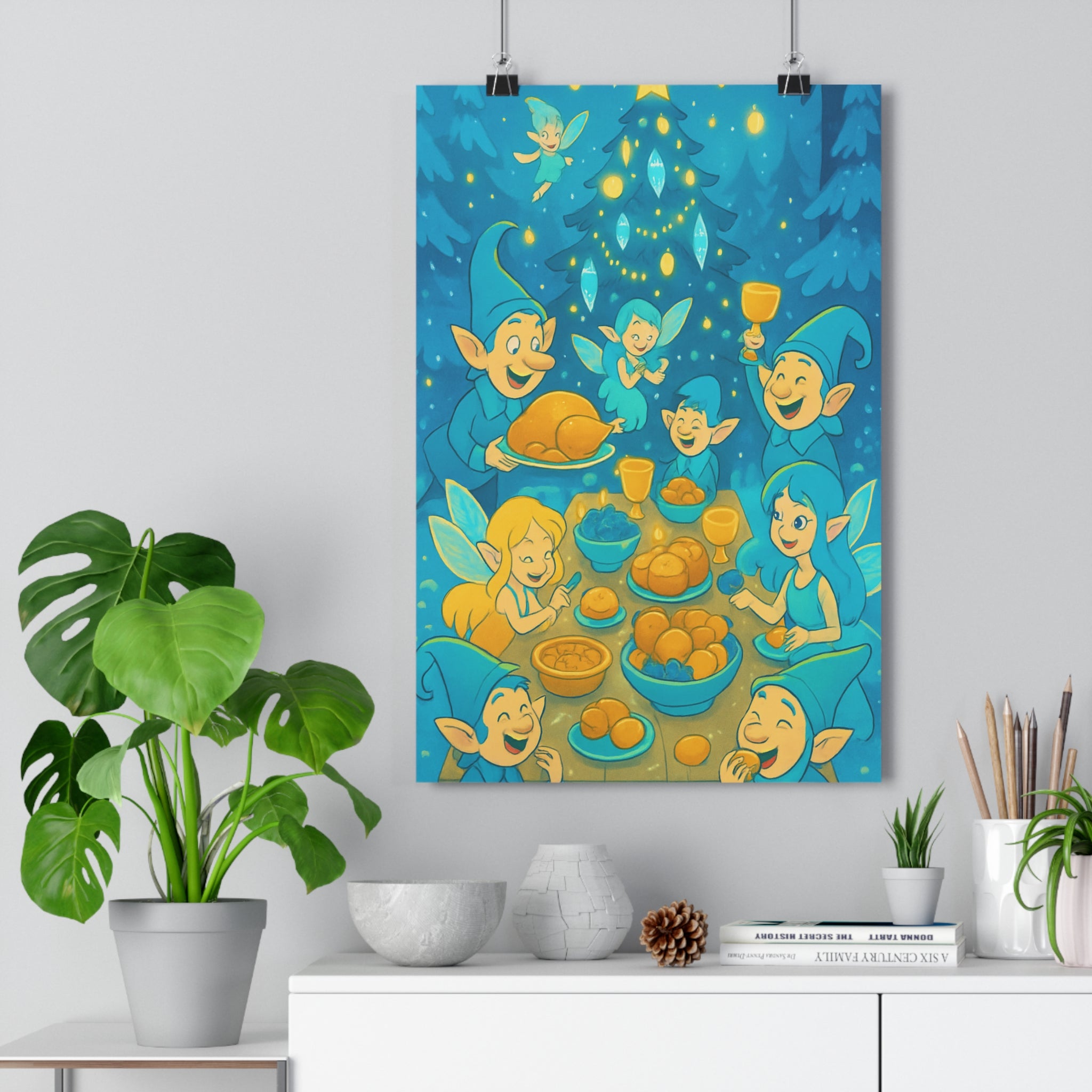 Poster décoratif fantasy créatures lutins fées bleu jaune magique joyeux cartoon Noël intérieur chambre