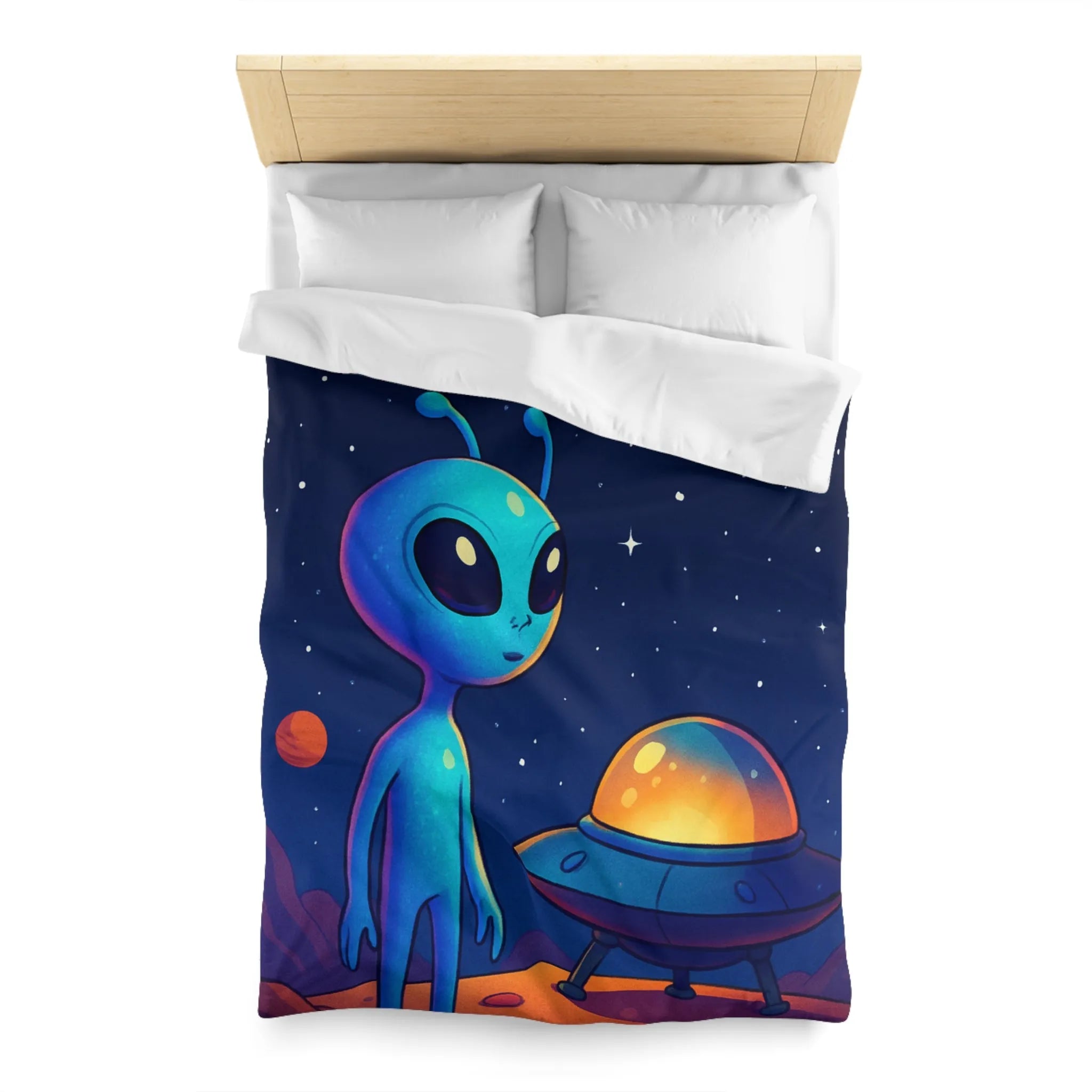 Housse de couette avec motif adorable de petit extraterrestre bleu et soucoupe volante