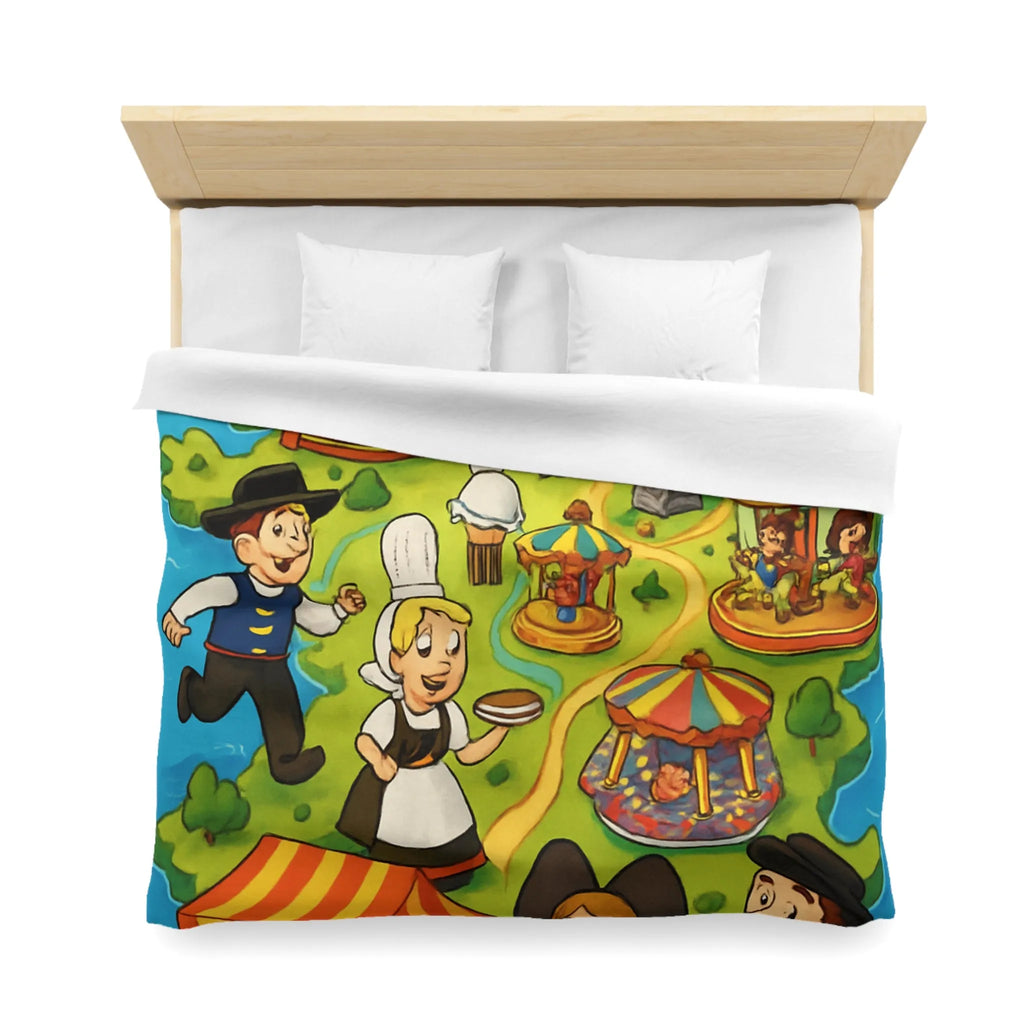 Housse de couette illustrant l'amusement et la culture française dans un parc coloré