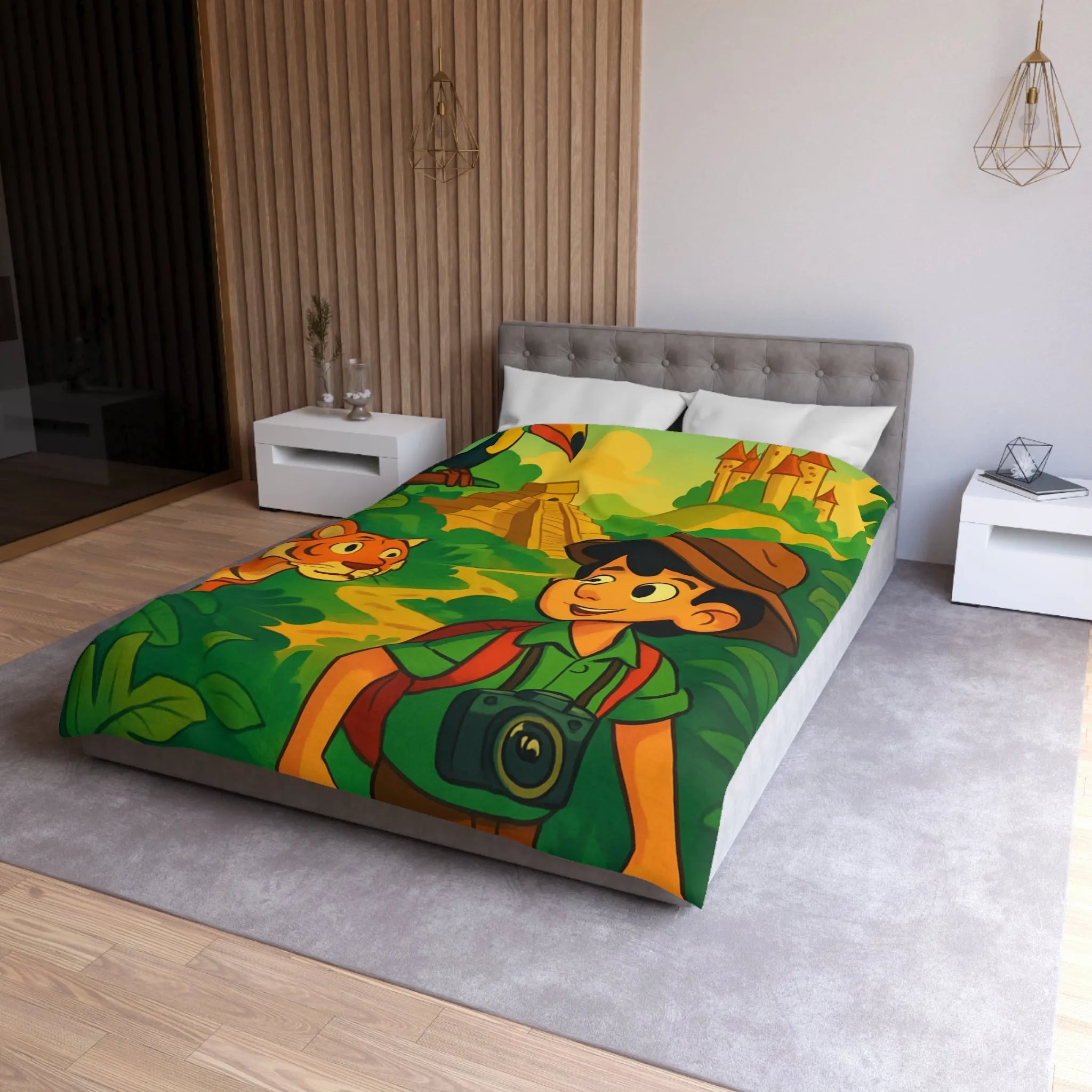 Housse de couette aventure jungle pour enfants avec château et animaux exotiques colorés