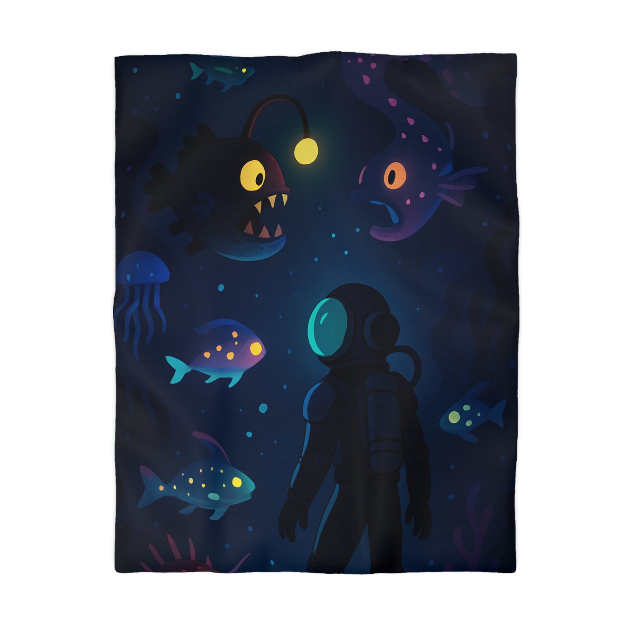 Housse de couette océanique avec plongeur et créatures marines lumineuses mystérieuses