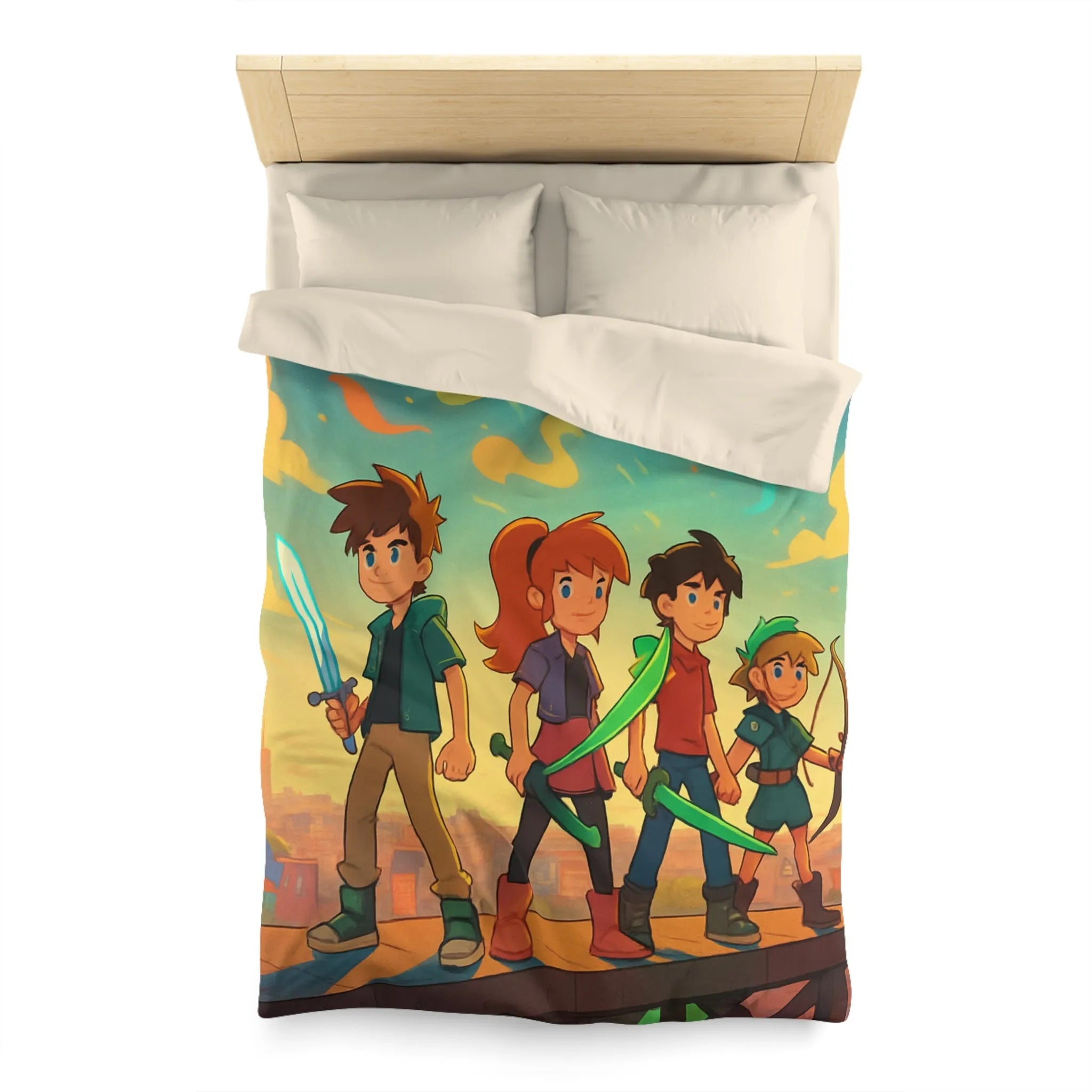Housse de couette colorée avec quatre héros et ciel étoilé multicolore