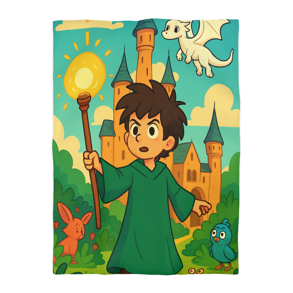 Housse de couette pour enfants avec château magique, dragon et petit magicien coloré