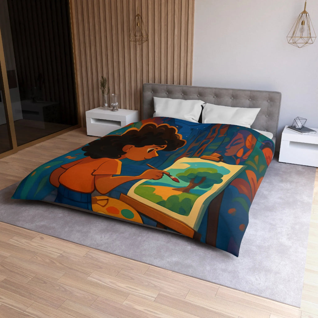 Housse de couette colorée illustrant une ruelle artistique avec peinture et lanterne