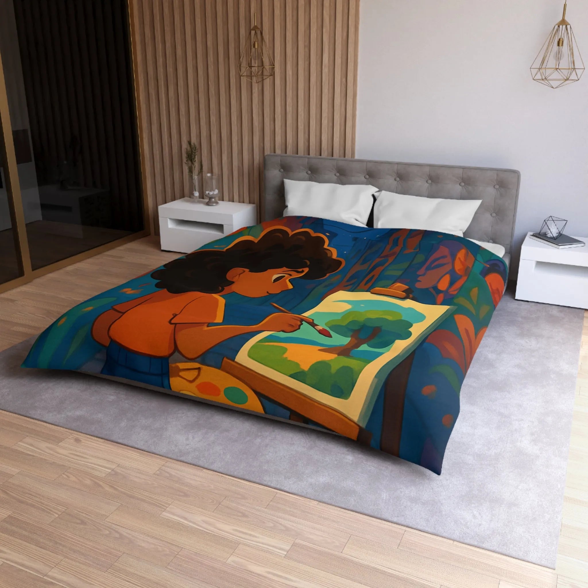 Housse de couette colorée illustrant une ruelle artistique avec peinture et lanterne