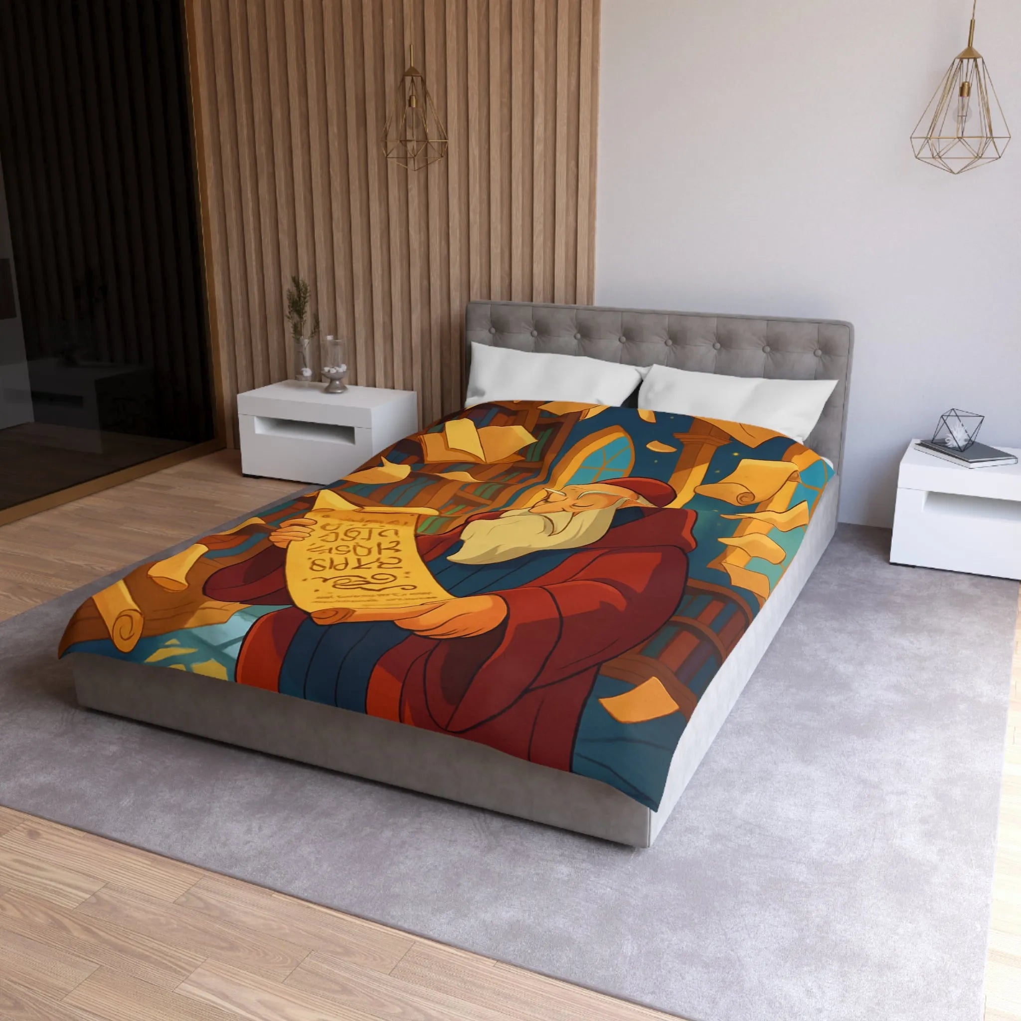 Housse de couette élégante avec design de bibliothèque, parchemins et sage en robe rouge