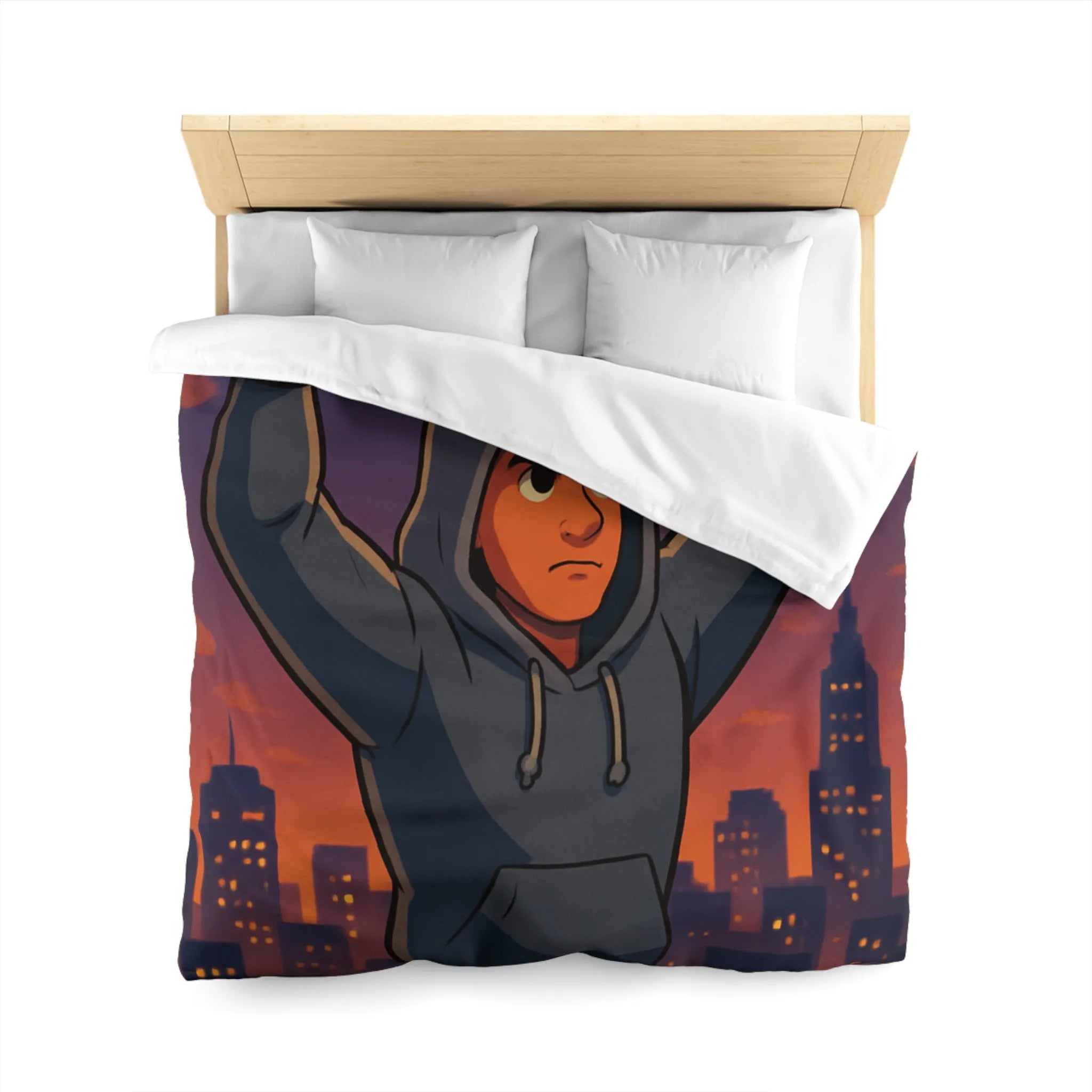 Housse de couette avec boxeur déterminé sous ciel de crépuscule en ville