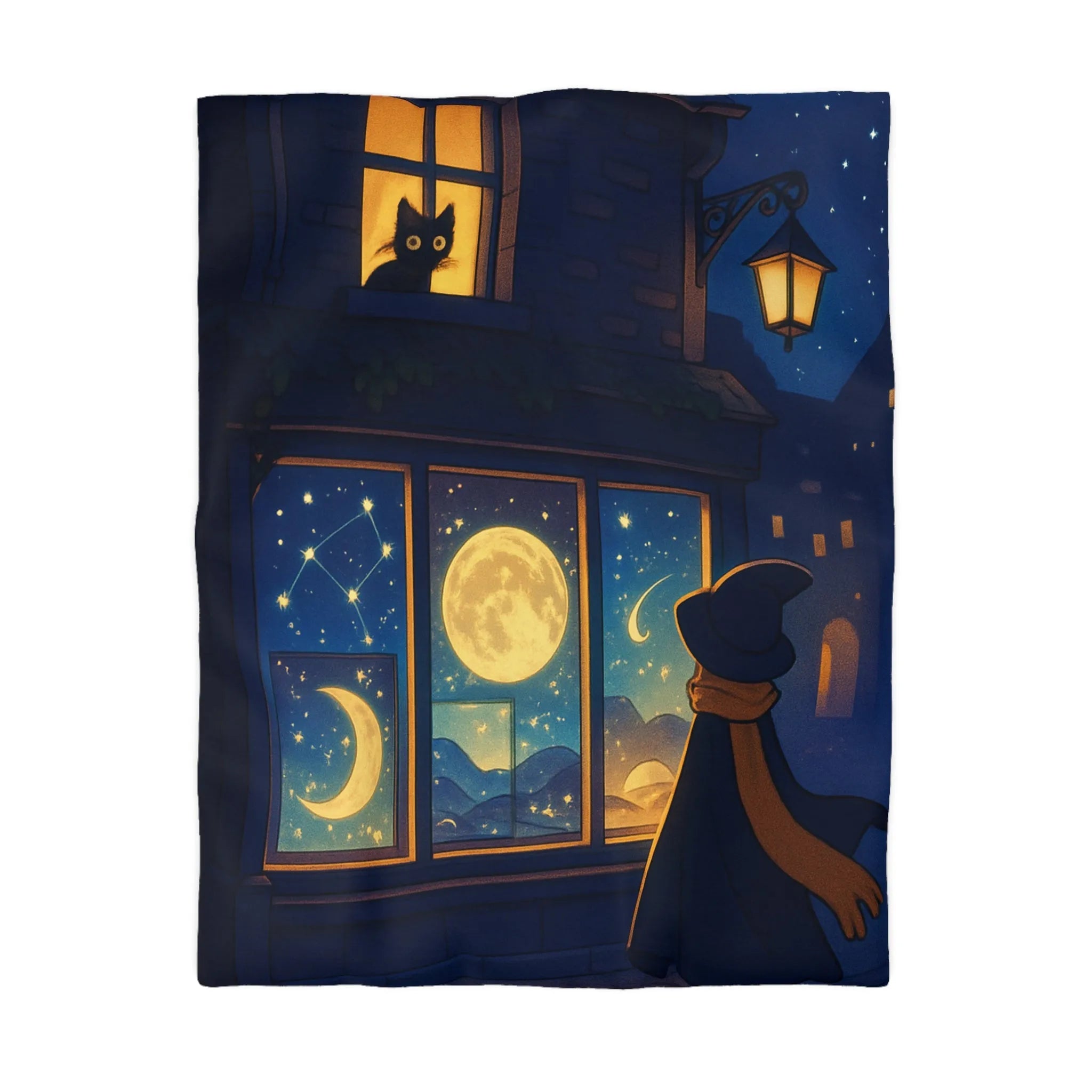 Housse de couette magique avec scène nocturne féerique, chat mystique et ciel étoilé