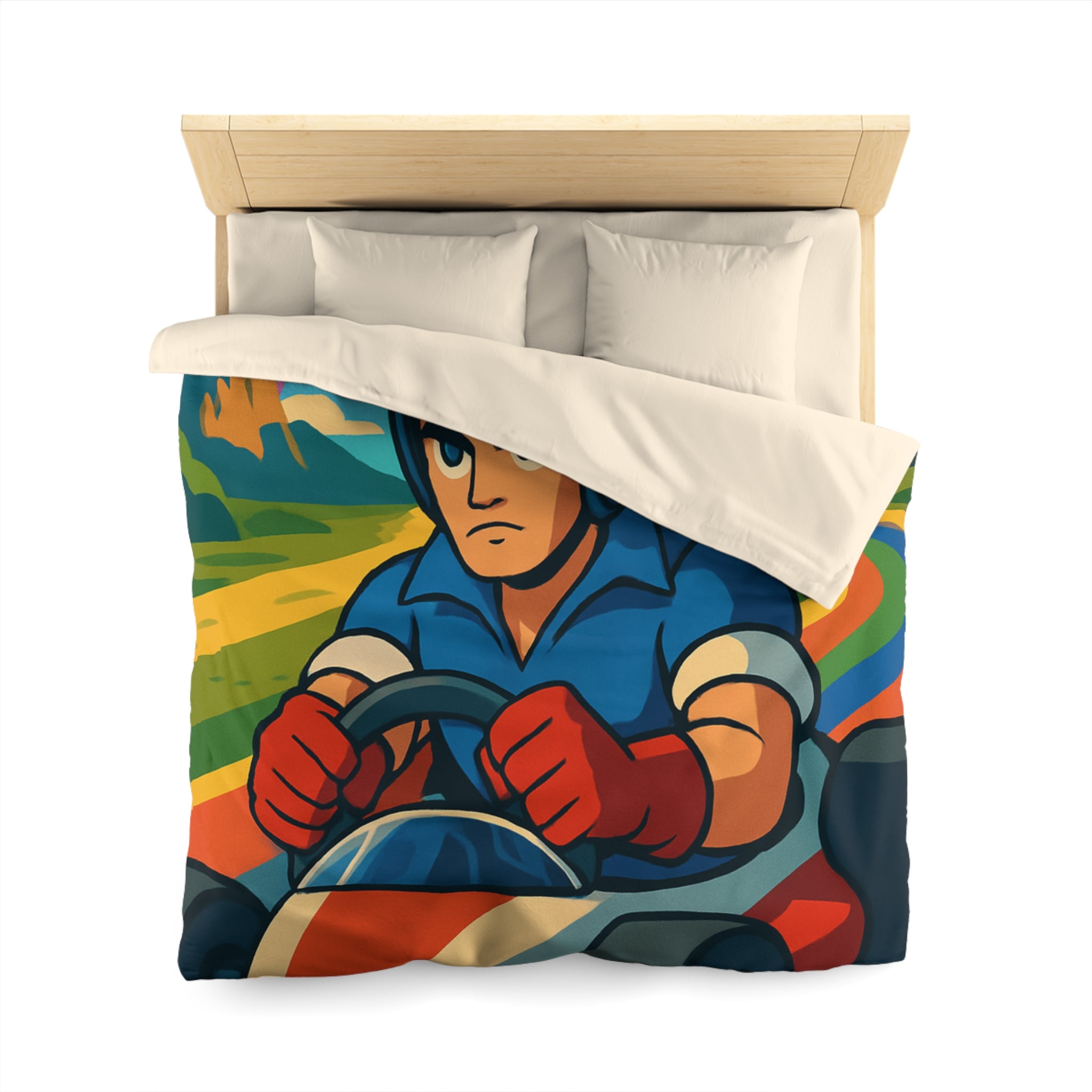 Housse de couette rétro colorée avec pilote de karting sous un arc-en-ciel vibrant
