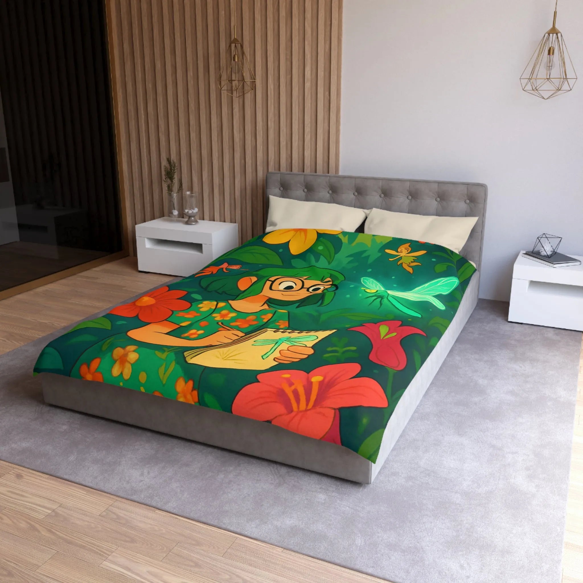 Housse de couette colorée avec fées et libellule dans un jardin enchanteur