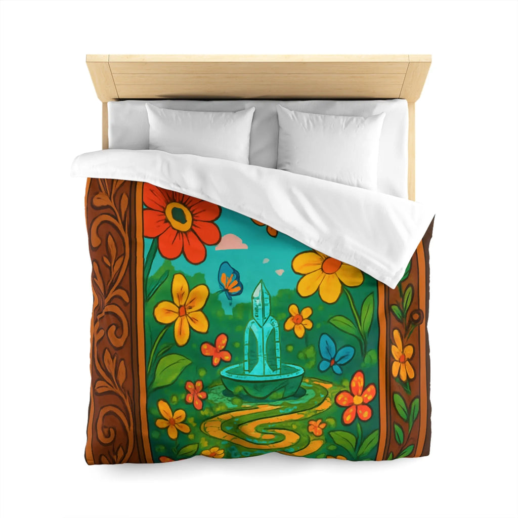 Housse de couette colorée avec papillons et fleurs dans un jardin enchanté vibrant