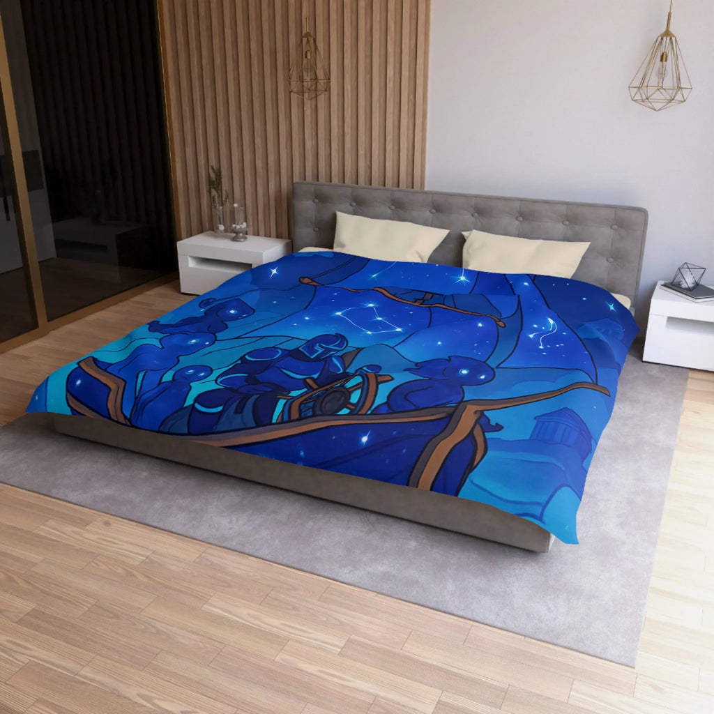 Housse de Couette Inspirée Ciel Étoilé avec Bateau et Constellations Bleu Nuit