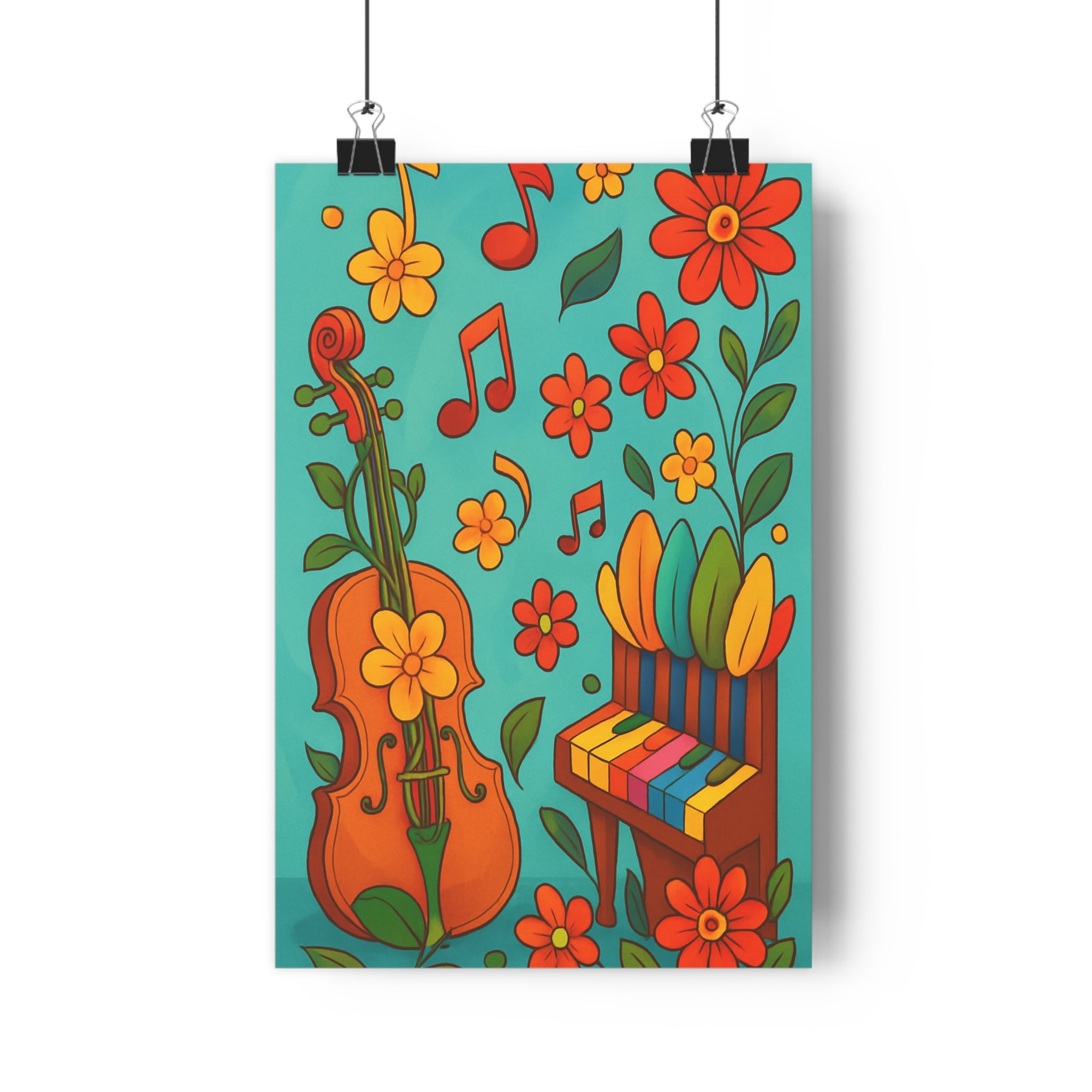 Poster décoratif fleurs violoncelle cartoon coloré vibrant joyeux salon chambre musique créatif ambiance qualité