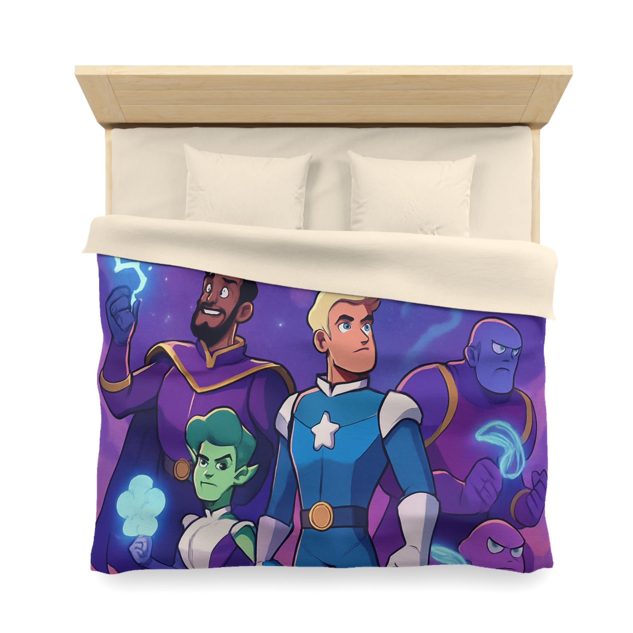 Housse de couette spatiale avec héroïques personnages animés sous vaisseau intergalactique étoilé