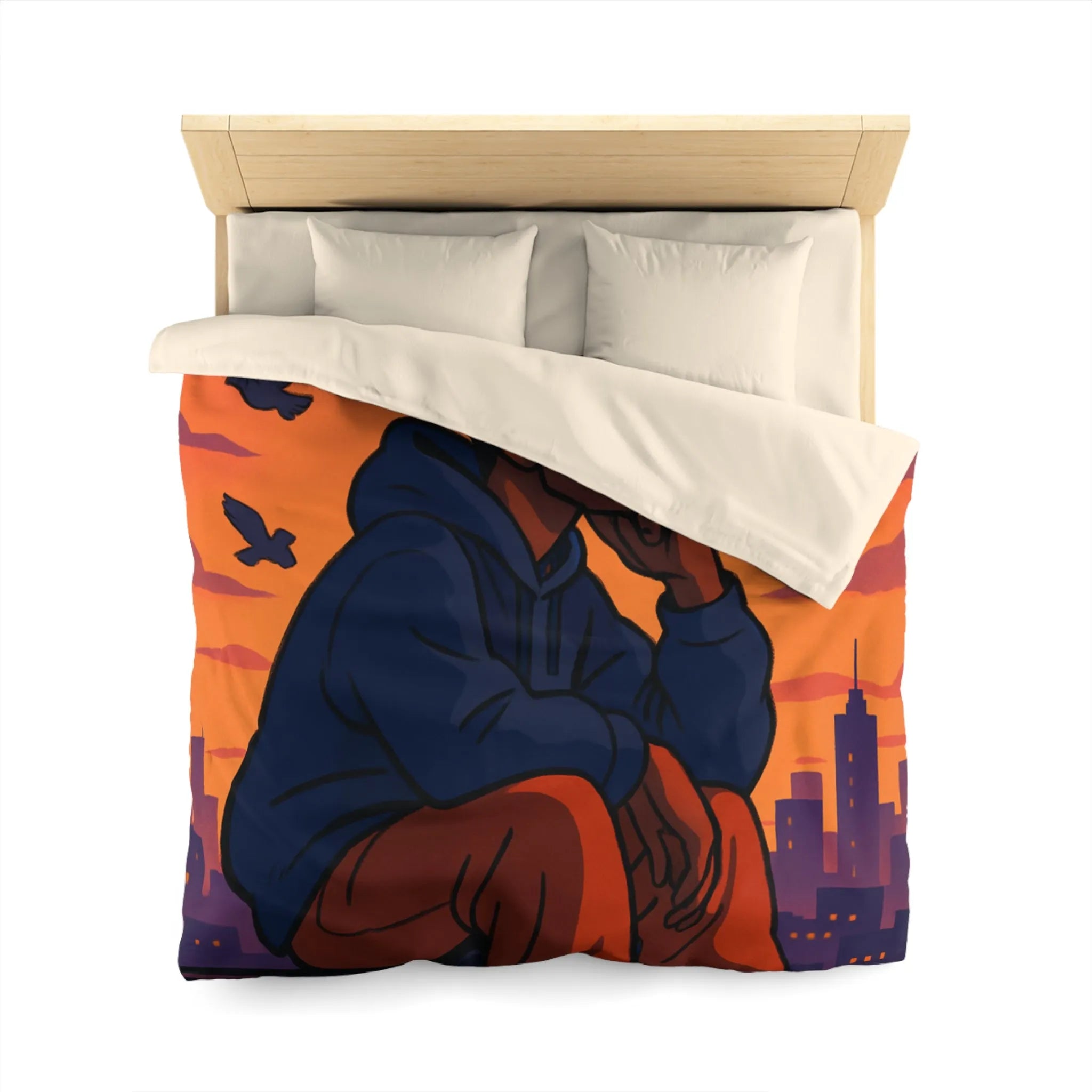 Housse de couette au design urbain moderne avec ciel crépusculaire et silhouette pensive