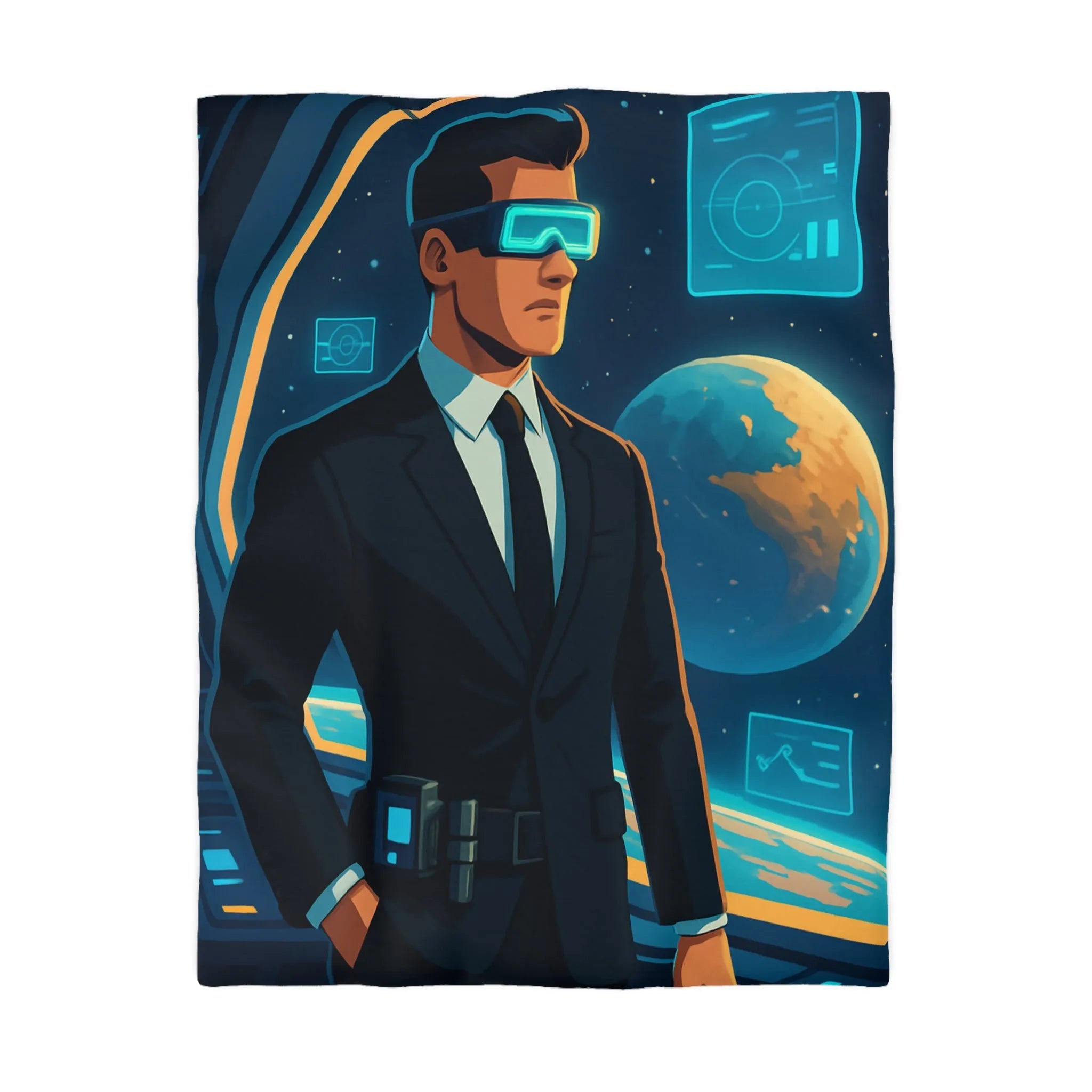 Housse de couette futuriste avec agent spatial et paysages cosmiques numériques immersifs