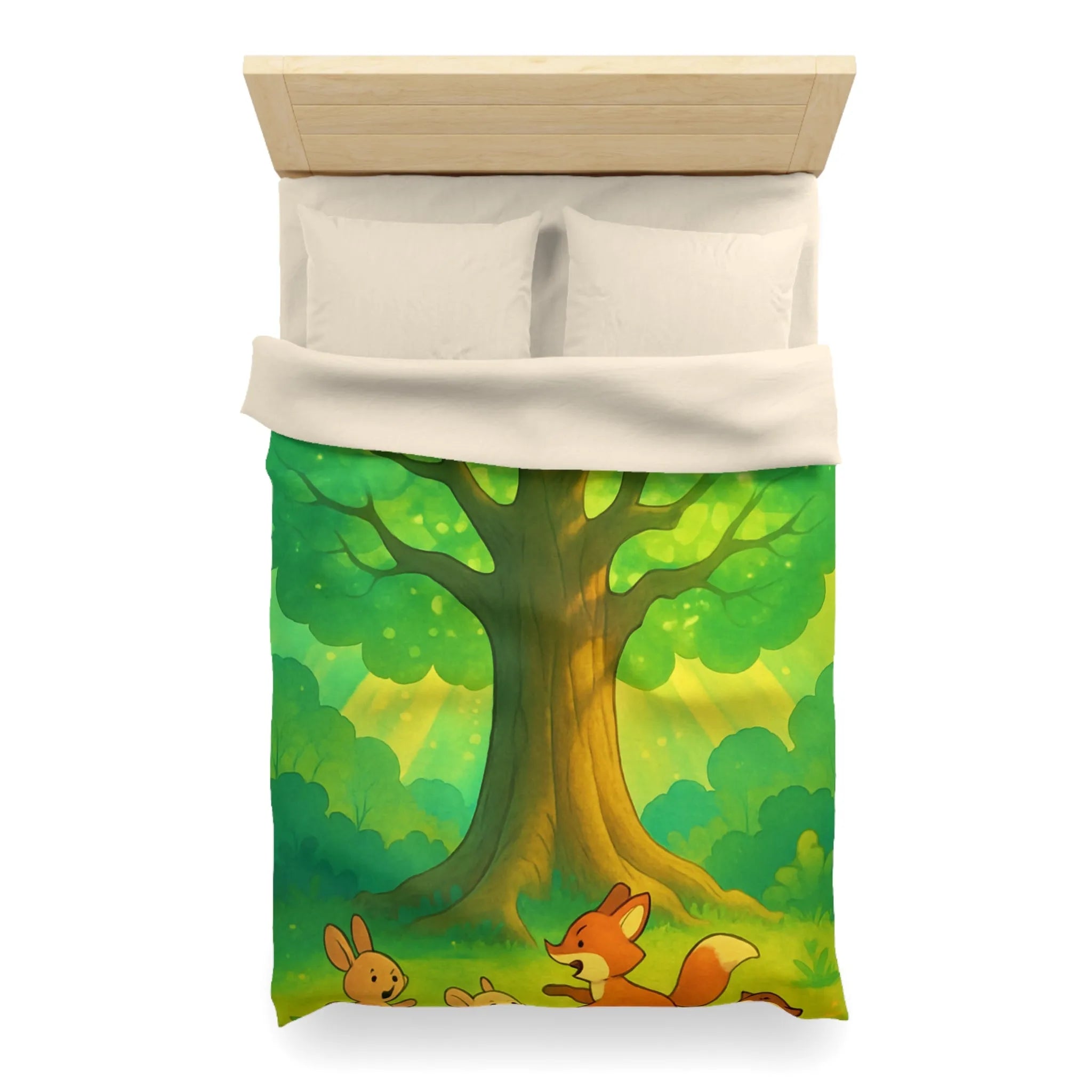 Charmante forêt enchantée avec animaux espiègles sous un majestueux arbre scintillant illustré