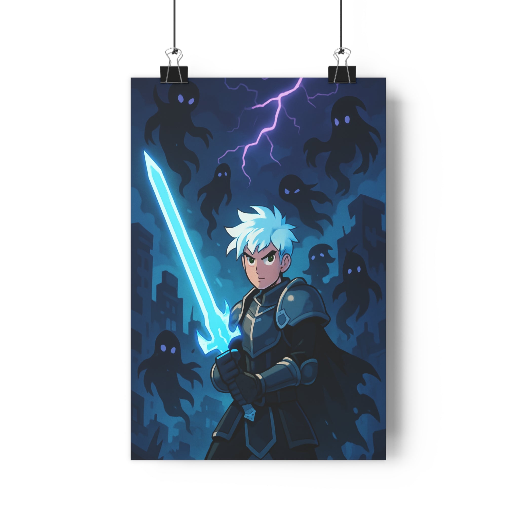 Poster décoratif anime guerrier bleu mystique dynamique chambre bureau épée lumineuse intense 30x46 qualité