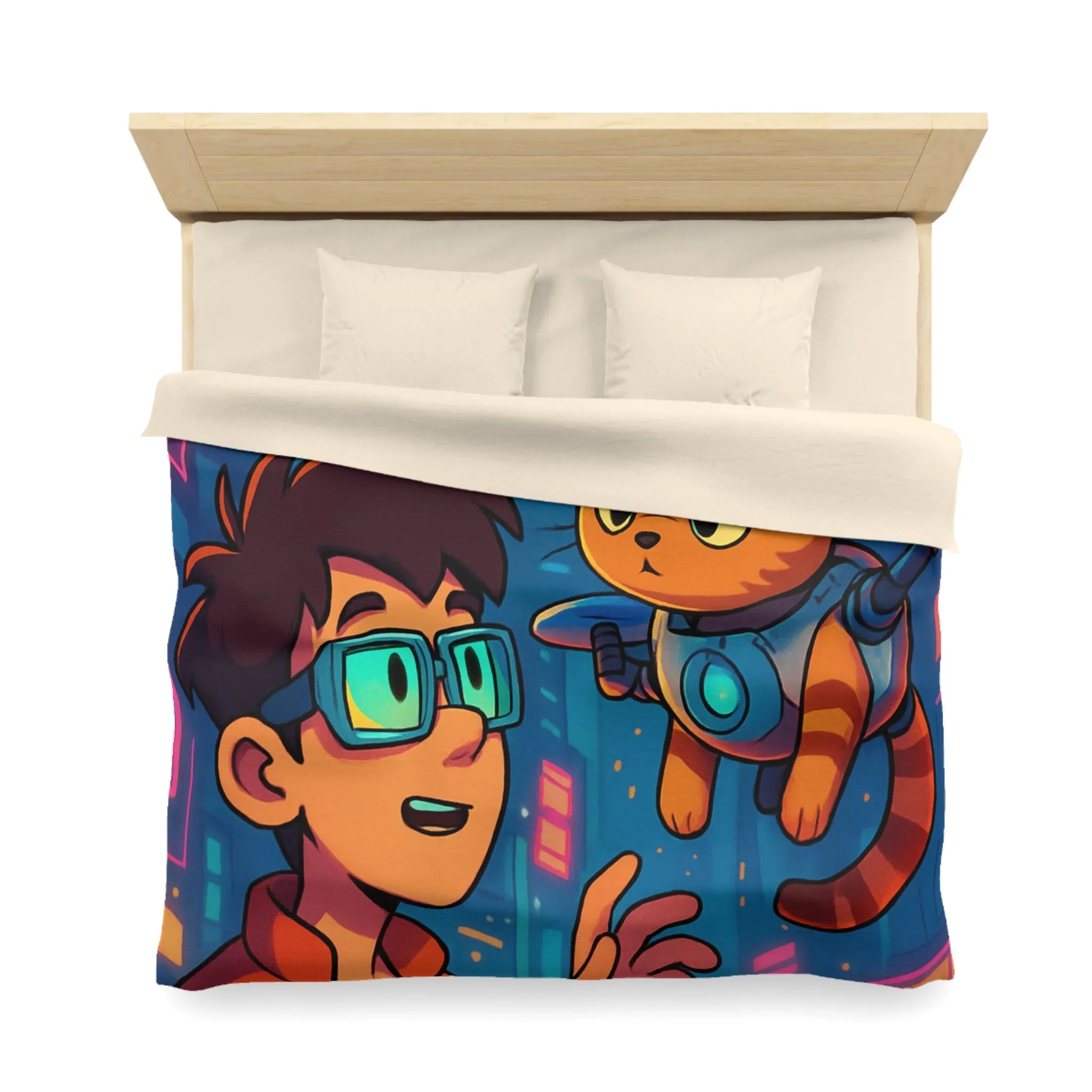 Housse de couette enfants style futuriste avec garçon et chat dans ville cyber