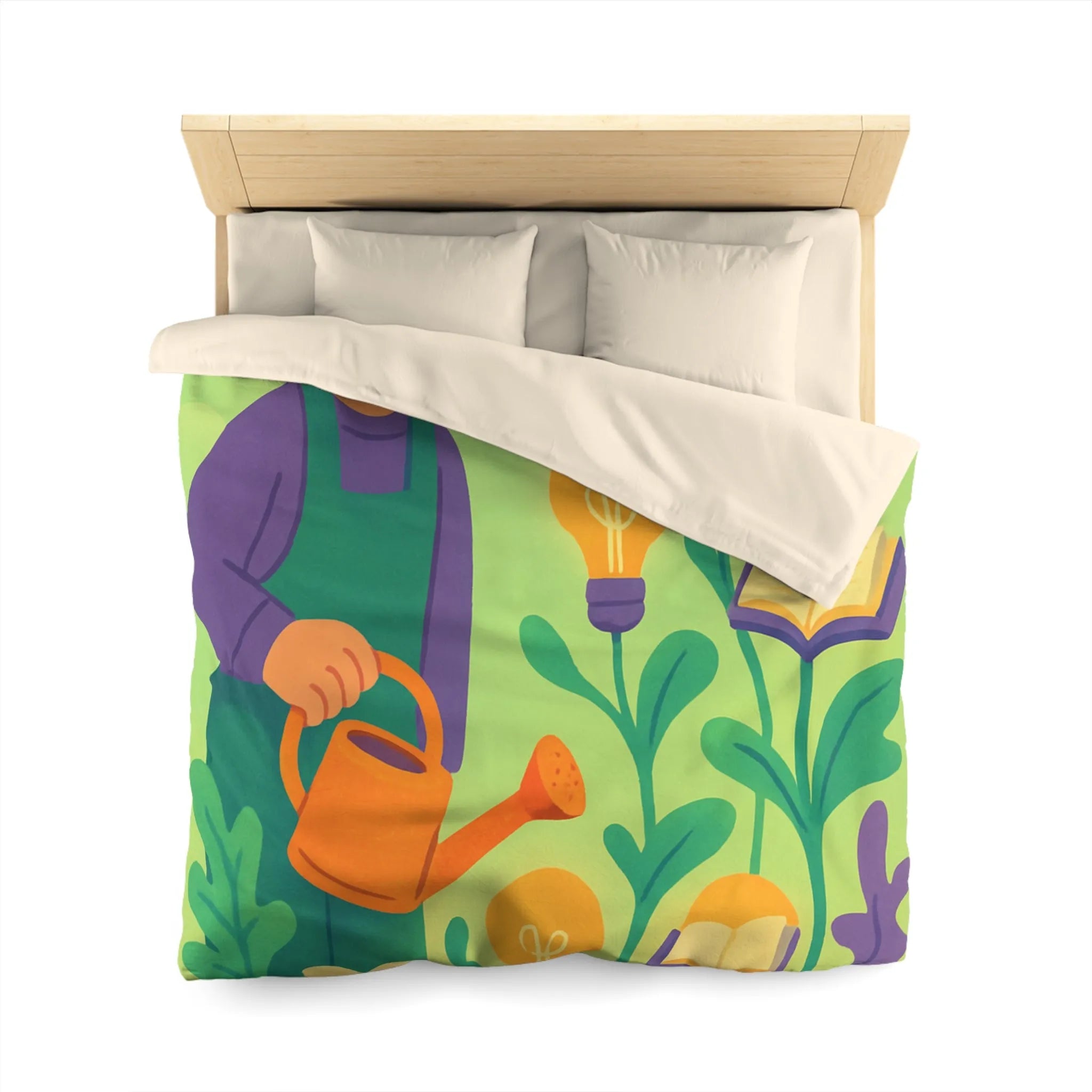 Housse de couette colorée avec jardinier arrosant plantes livres et ampoules