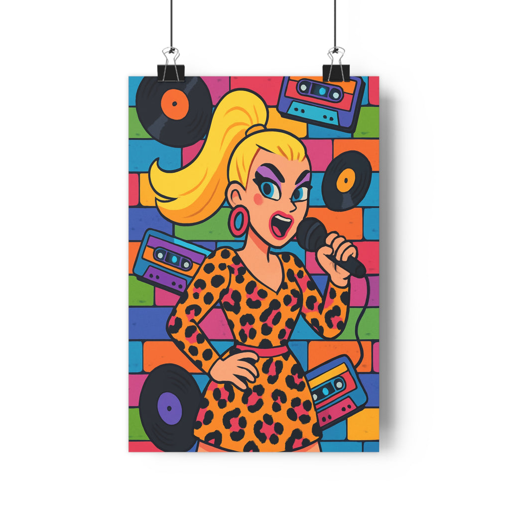 Poster décoratif chanteuse années 80 léopard microphone vinyle rétro coloré vibrant salon chambre tendance