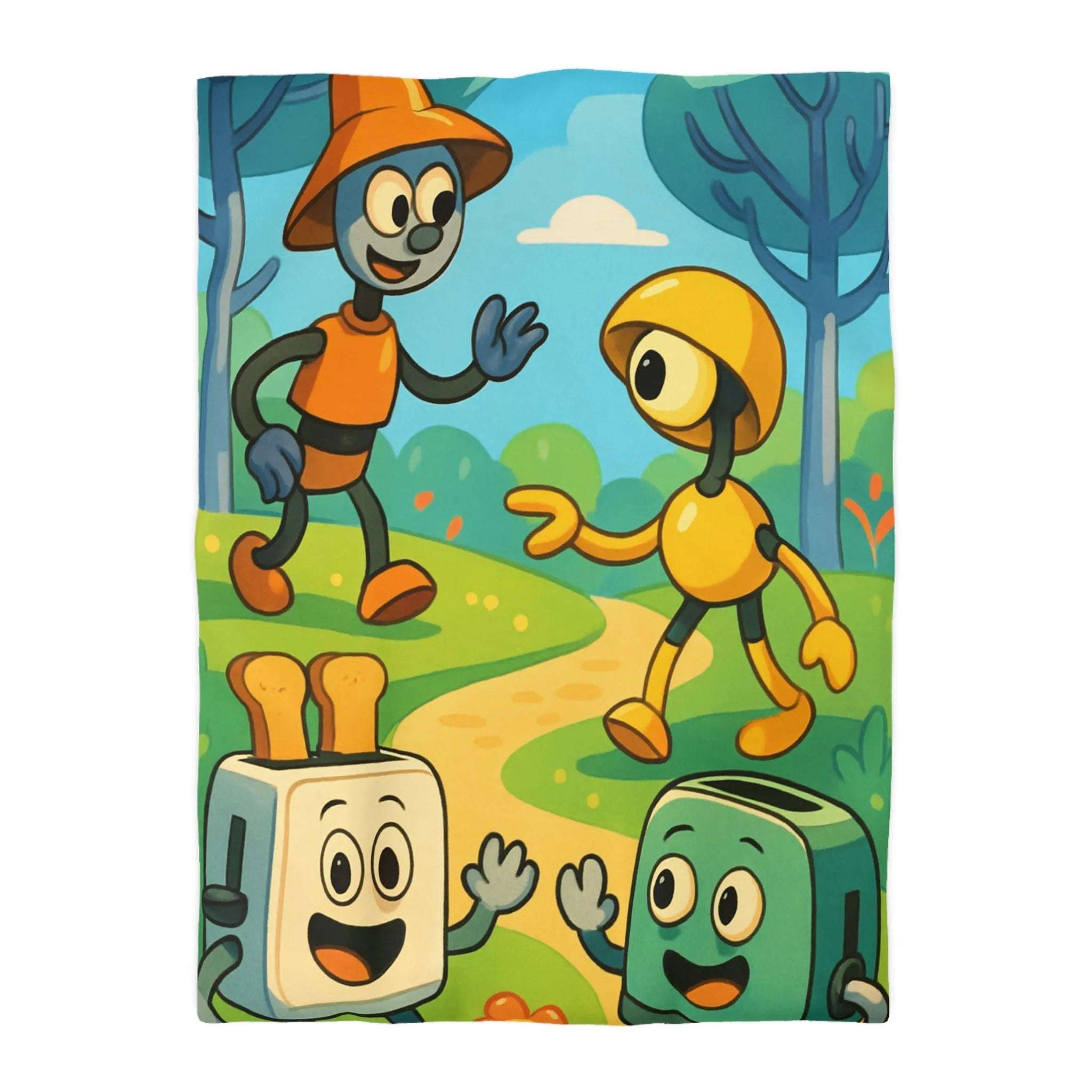 Housse de couette colorée avec robots joyeux et paysage forestier graphique