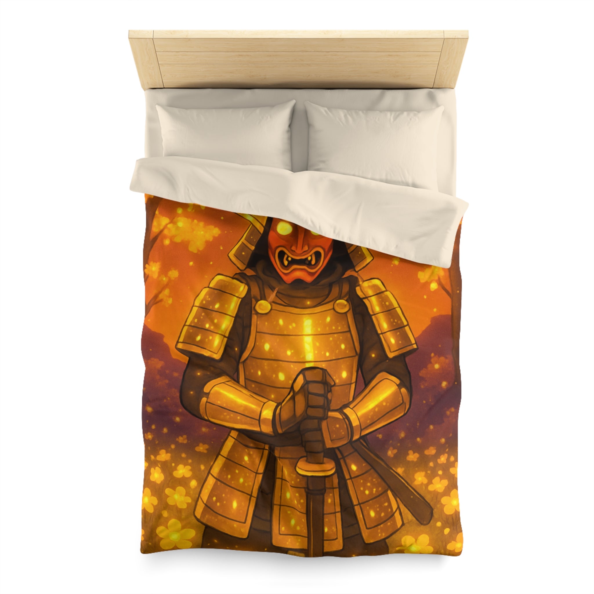 Housse de couette samouraï doré dans forêt magique, ambiance légendaire pour chambre zen