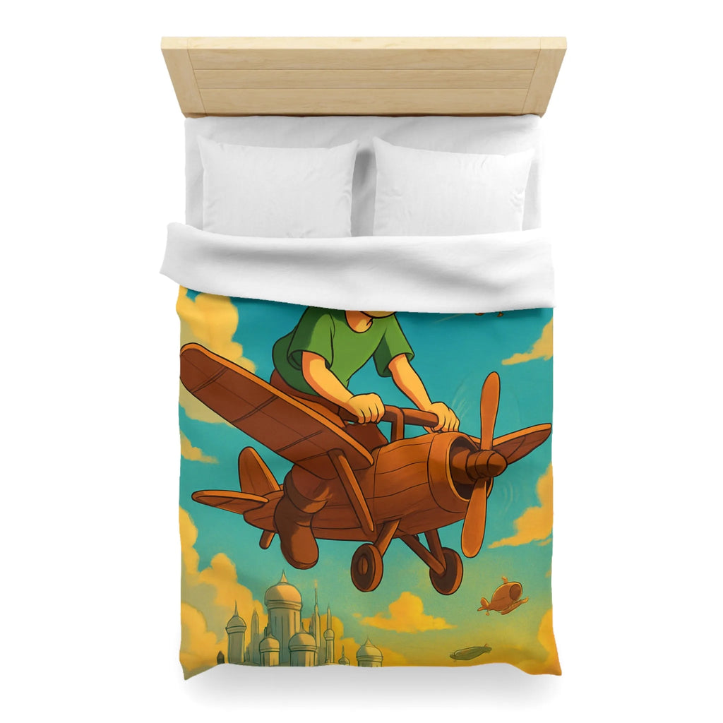 Aventure enfantine avec avion en bois survolant palais nuageux au coucher du soleil