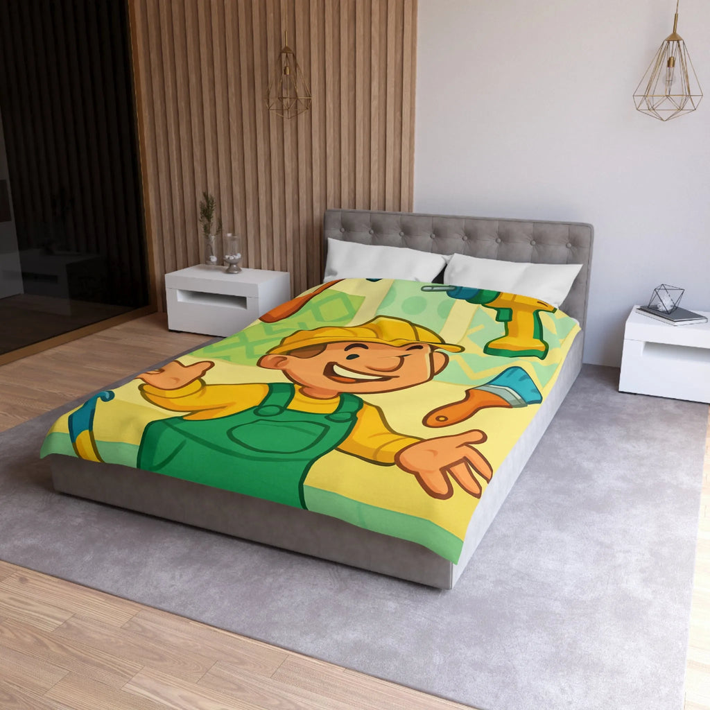 Housse de couette joyeuse pour enfants avec outils de bricolage et personnage souriant