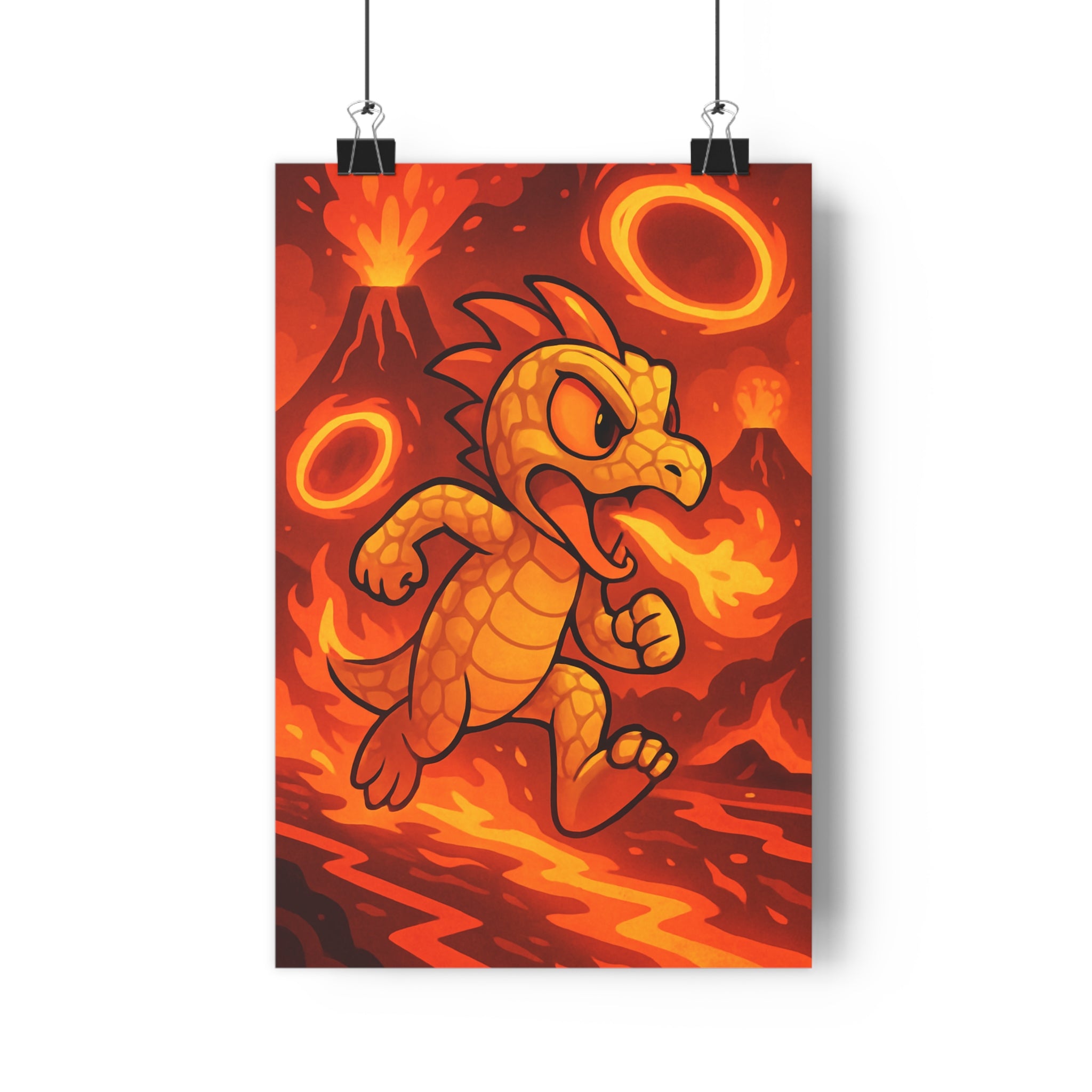 Poster décoratif dragon cartoon rouge orange jaune aventure chambre enfant dynamique 30x46 cm énergétique