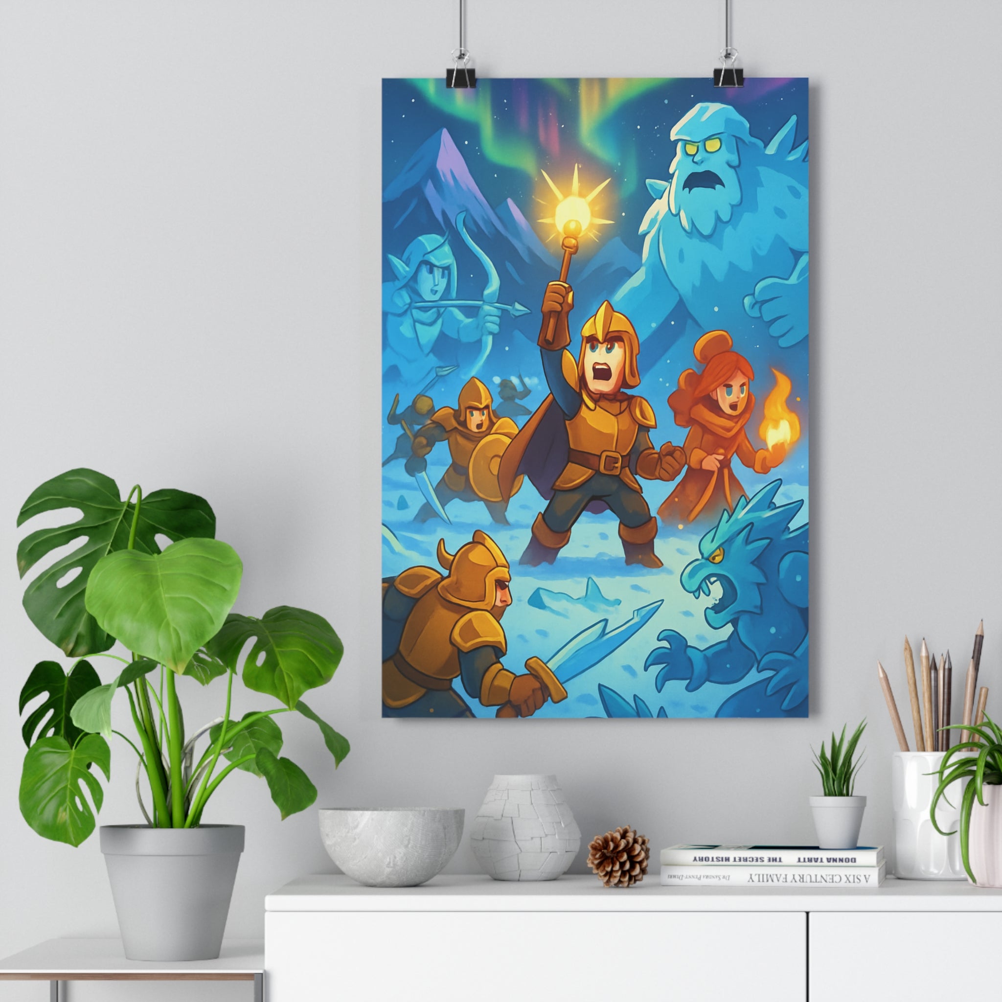 Poster décoratif animé bleu violet fantastique mystique aventure chambre enfant créatures montagnes épique lumineux