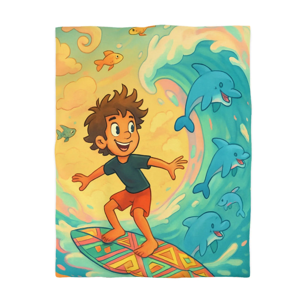Housse de couette enfantine avec surf, dauphins joyeux et couleurs vives, ambiance océane