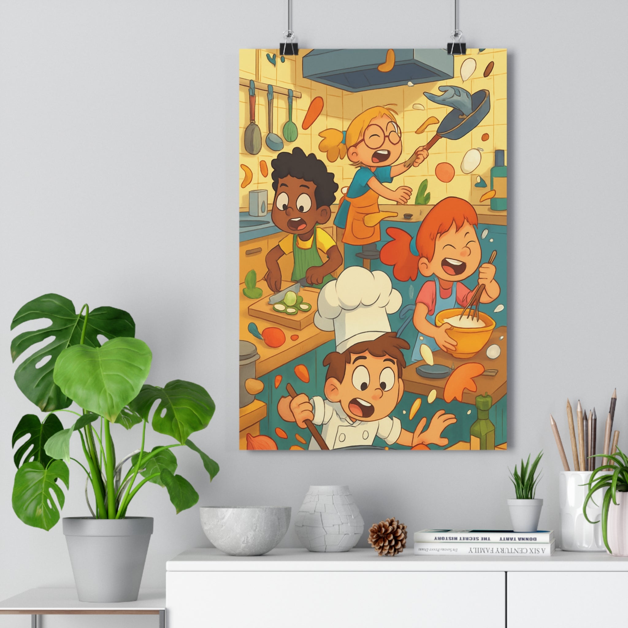 Poster décoratif ludique cuisine enfants bleu orange jaune joyeux dynamique amusant mural illustration chambre