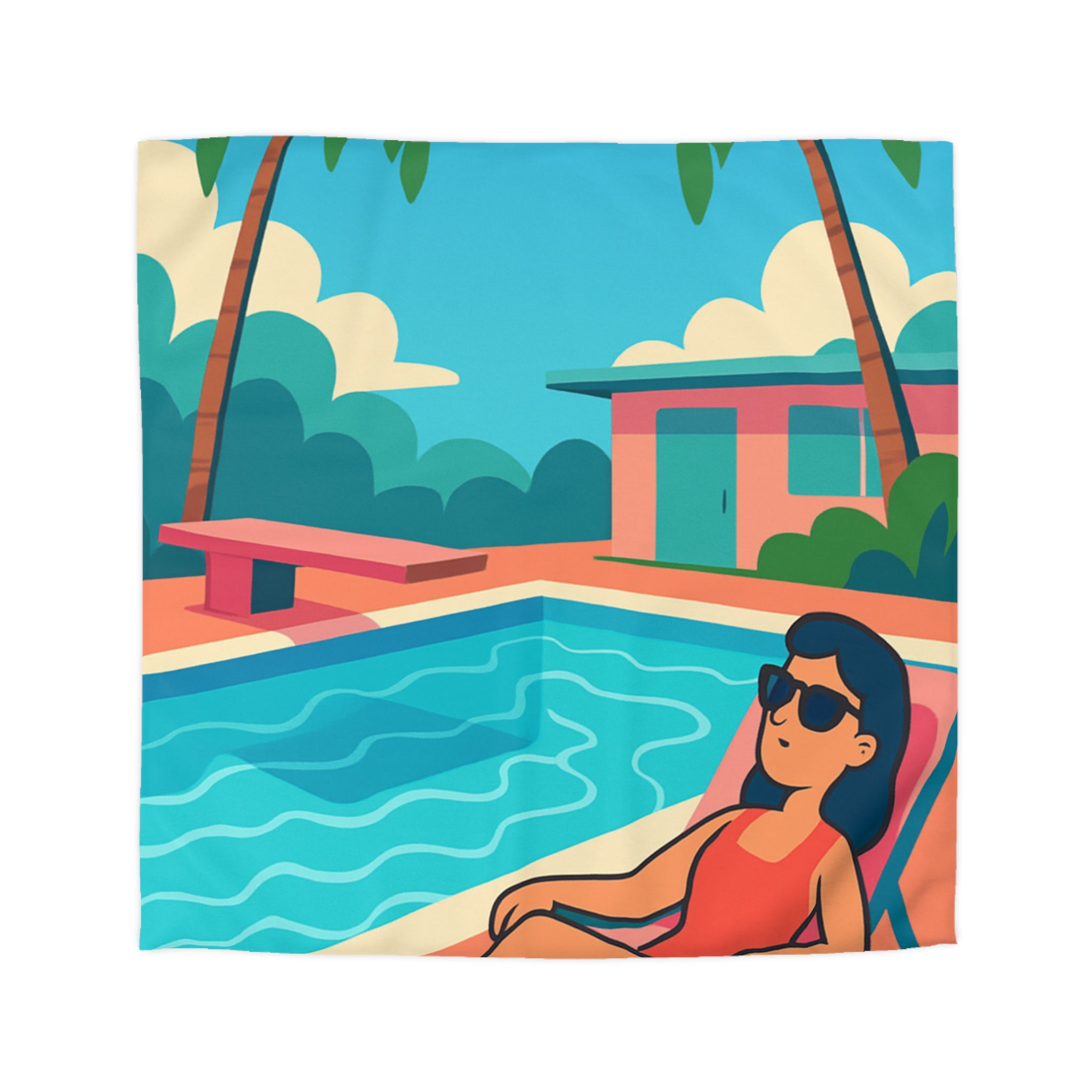 Vibrante housse de couette avec illustration de piscine et palmiers ambiance tropicale