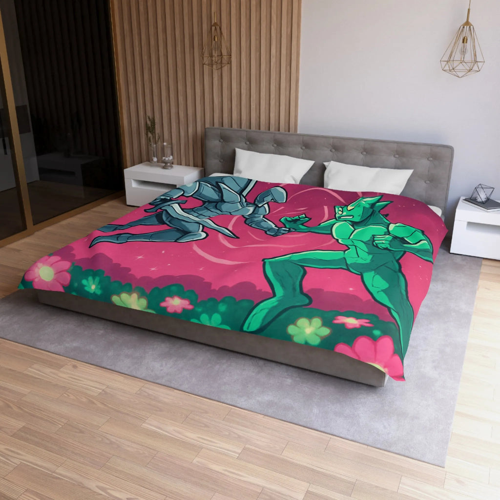 Housse de couette illustrée super-héros ailé avec scène de combat cosmique floral coloré