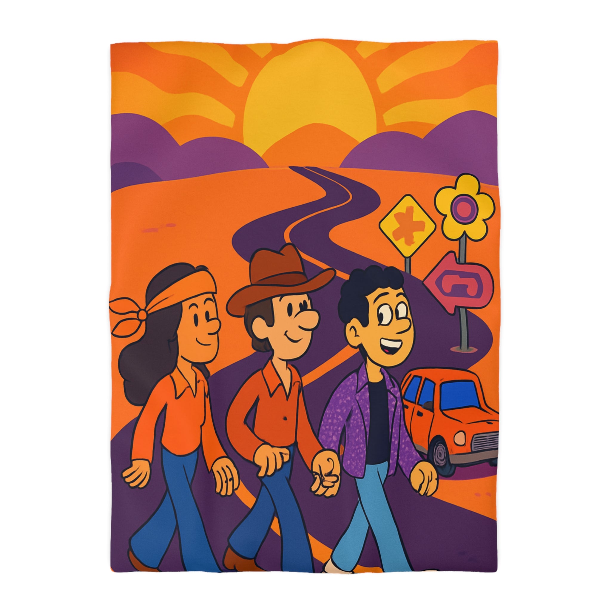 Housse de couette rétro seventies : route orange avec ciel ensoleillé et personnages