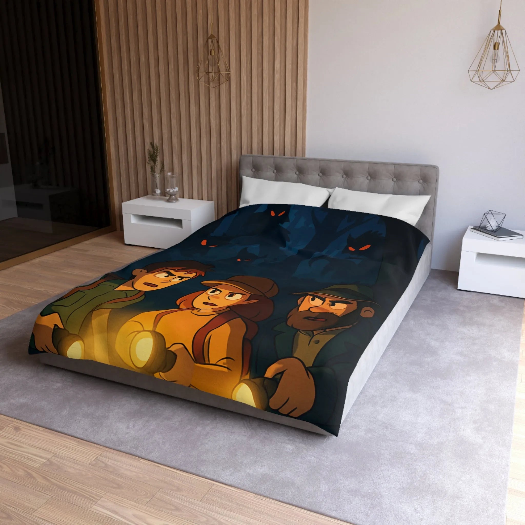 Housse de Couette Forêt Enchantée Nocturne avec Aventuriers et Créatures Mystiques Illustrée