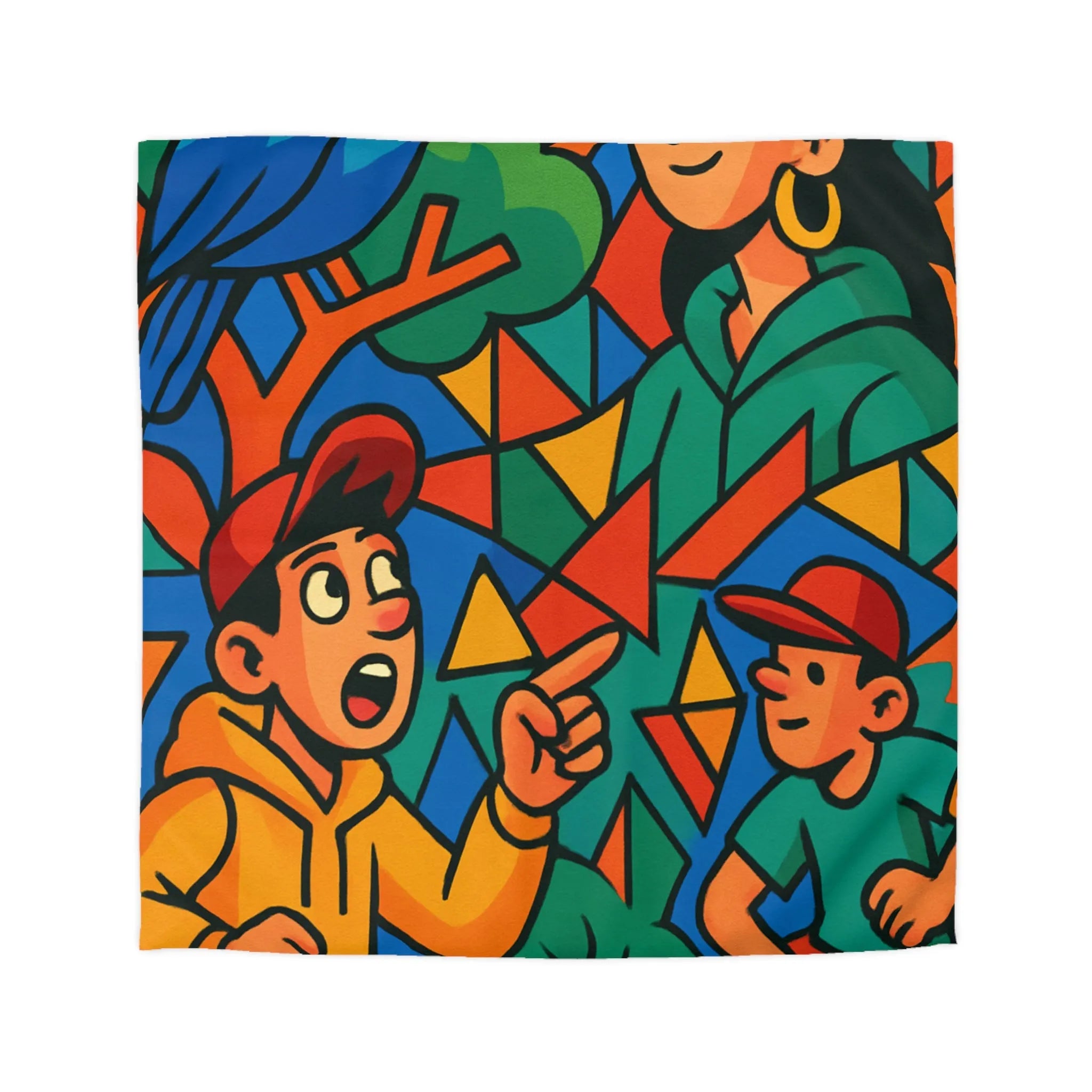 Housse de couette colorée avec design vibrant, oiseaux et figures humaines animées