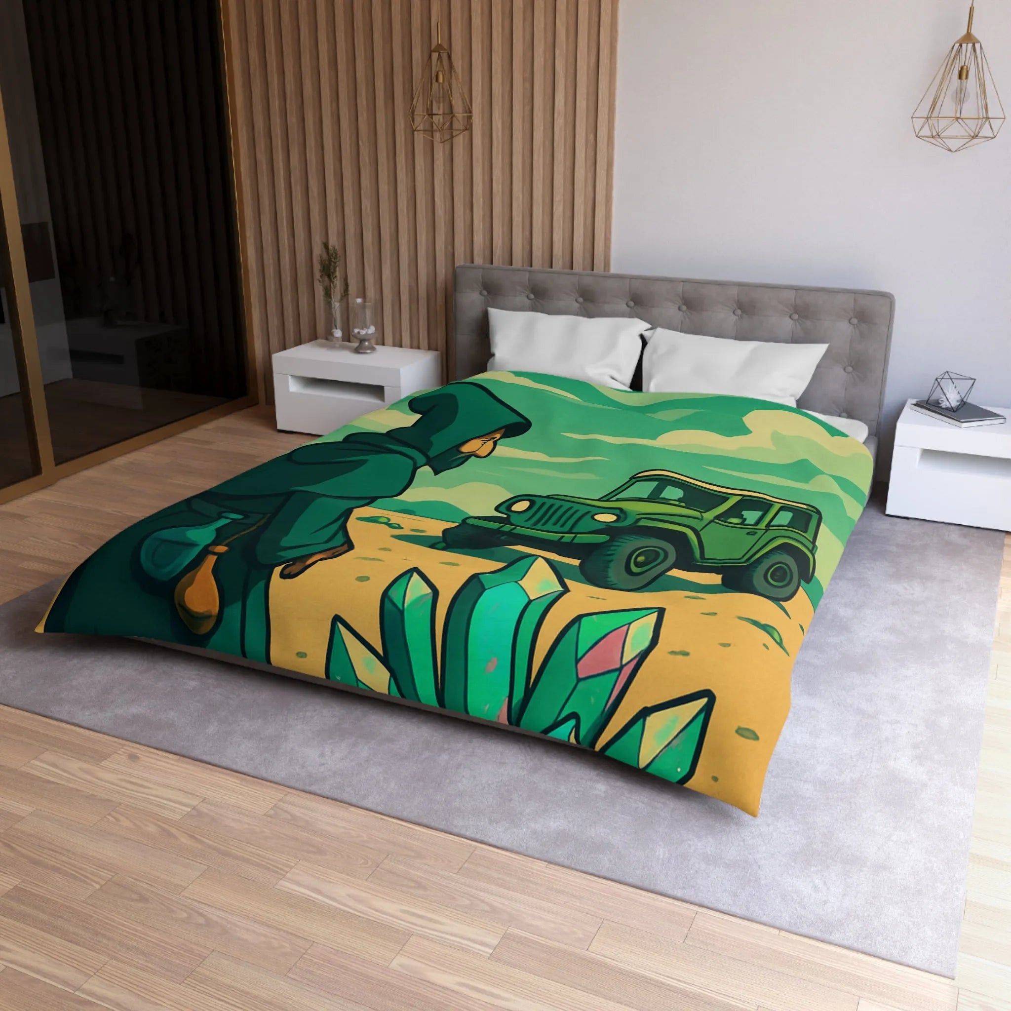 Housse de couette illustrée avec paysage surnaturel, grotte colorée et véhicule tout-terrain