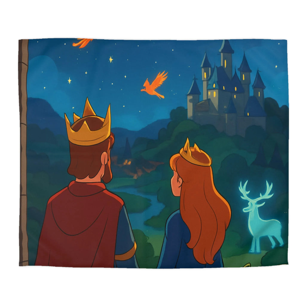 Housse de couette magique avec roi, reine et château sous ciel étoilé enchanté