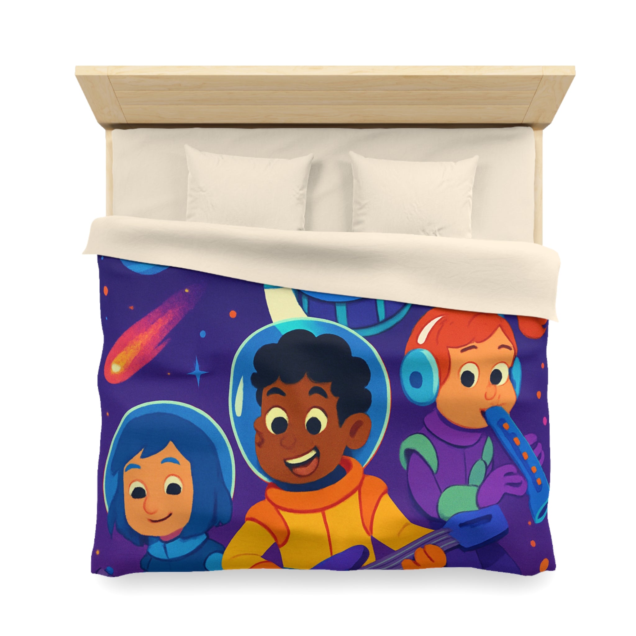 Housse de couette spatiale colorée avec enfants musiciens et planètes virevoltantes